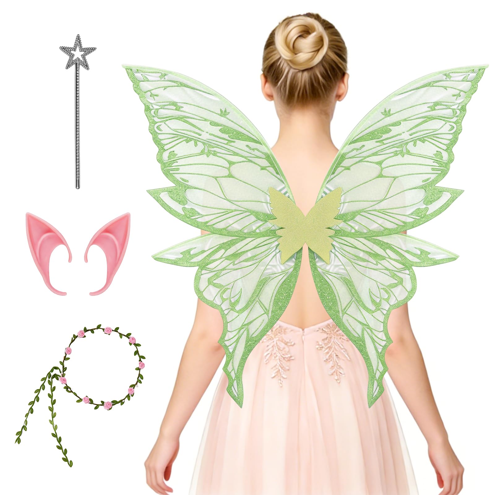 WhiteUniQoon Fairy Wings, Angel Costume for Women, Butterfly Wings Adults, Flower Headband, Angel Princess Fancy Dress Up Costumes for Halloween Party Cosplay (green) โ image 1