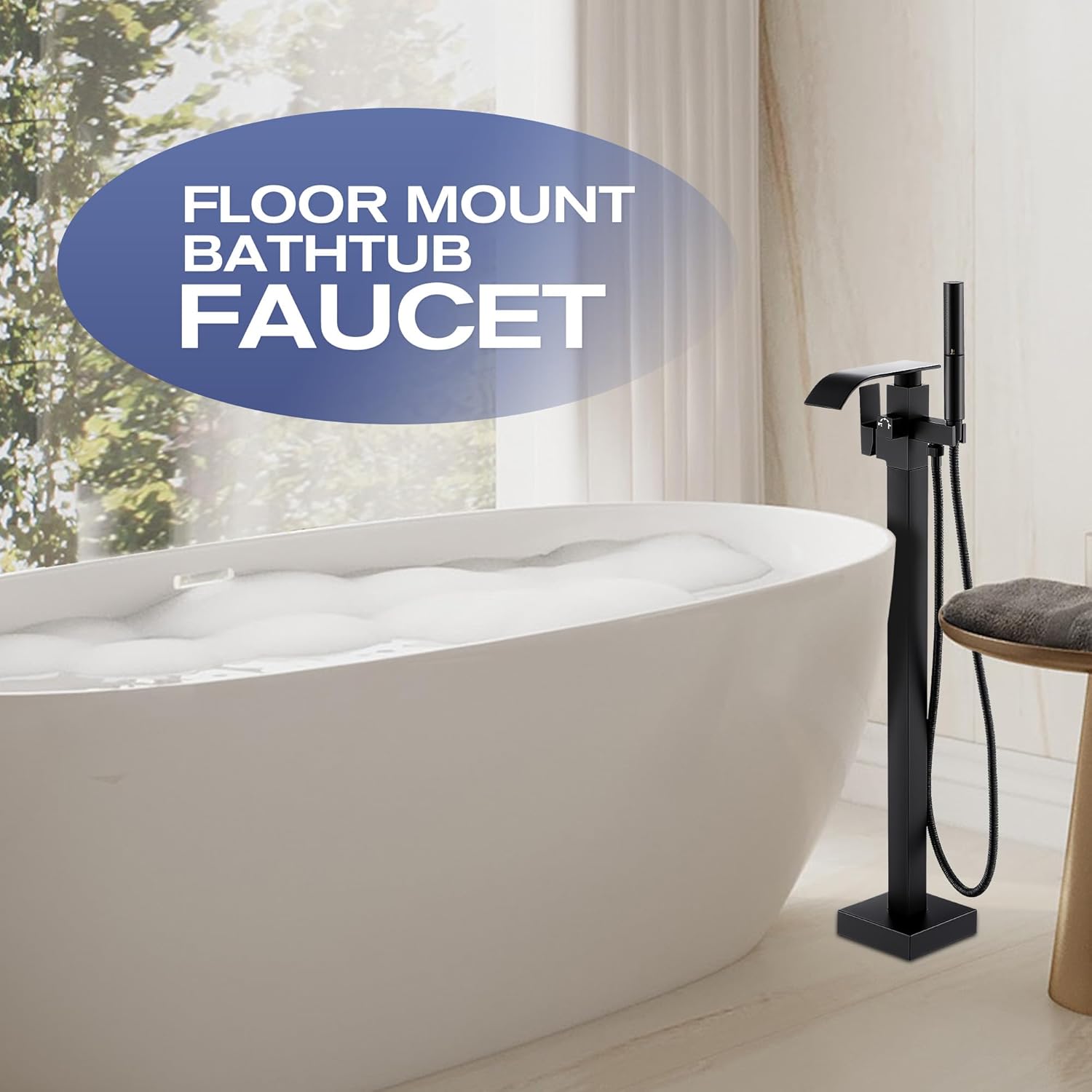 Waterfall Freestanding Bathtub Faucet, Floor Mount Bathroom Tub Filler Shower Faucets with Handheld Sprayer, Matte Black - Image 6
