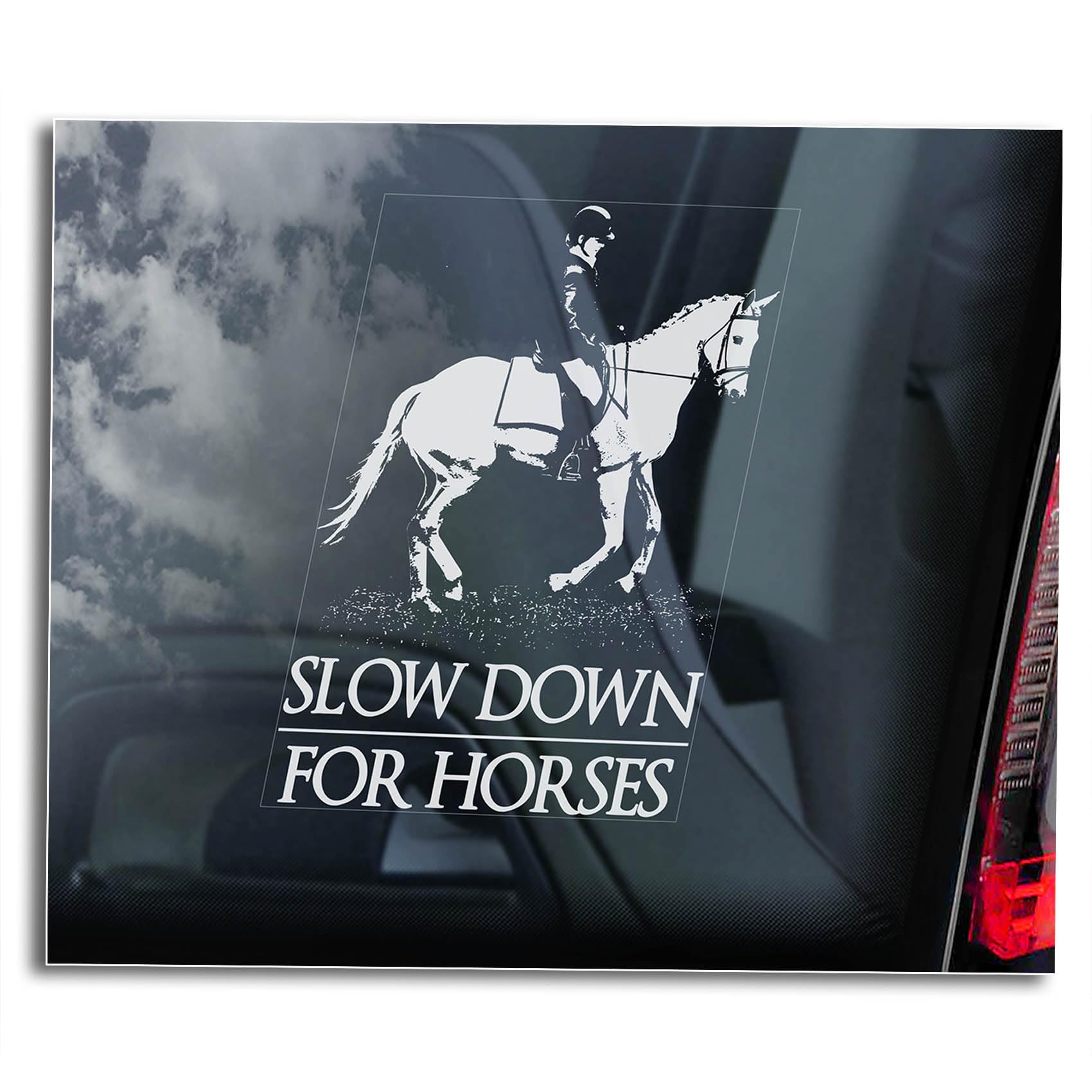 'Slow Down for Horses' Car Sticker, Horse Safety Window Sign, Equestrian Riding Vinyl Decal Gift -V01 (Inside - White Reverse Print)
