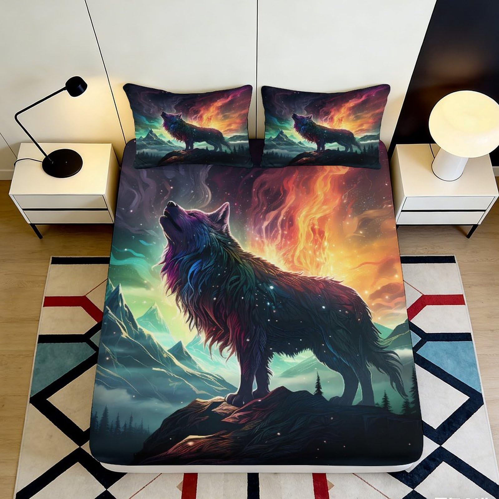 3D Printed Aurora Wolf Fitted Sheet Microfiber Deep Pocket Non-Slip Aurora Wolf Mattress Fitted Cover Bedroom Bedding for Home 200x200x25cm