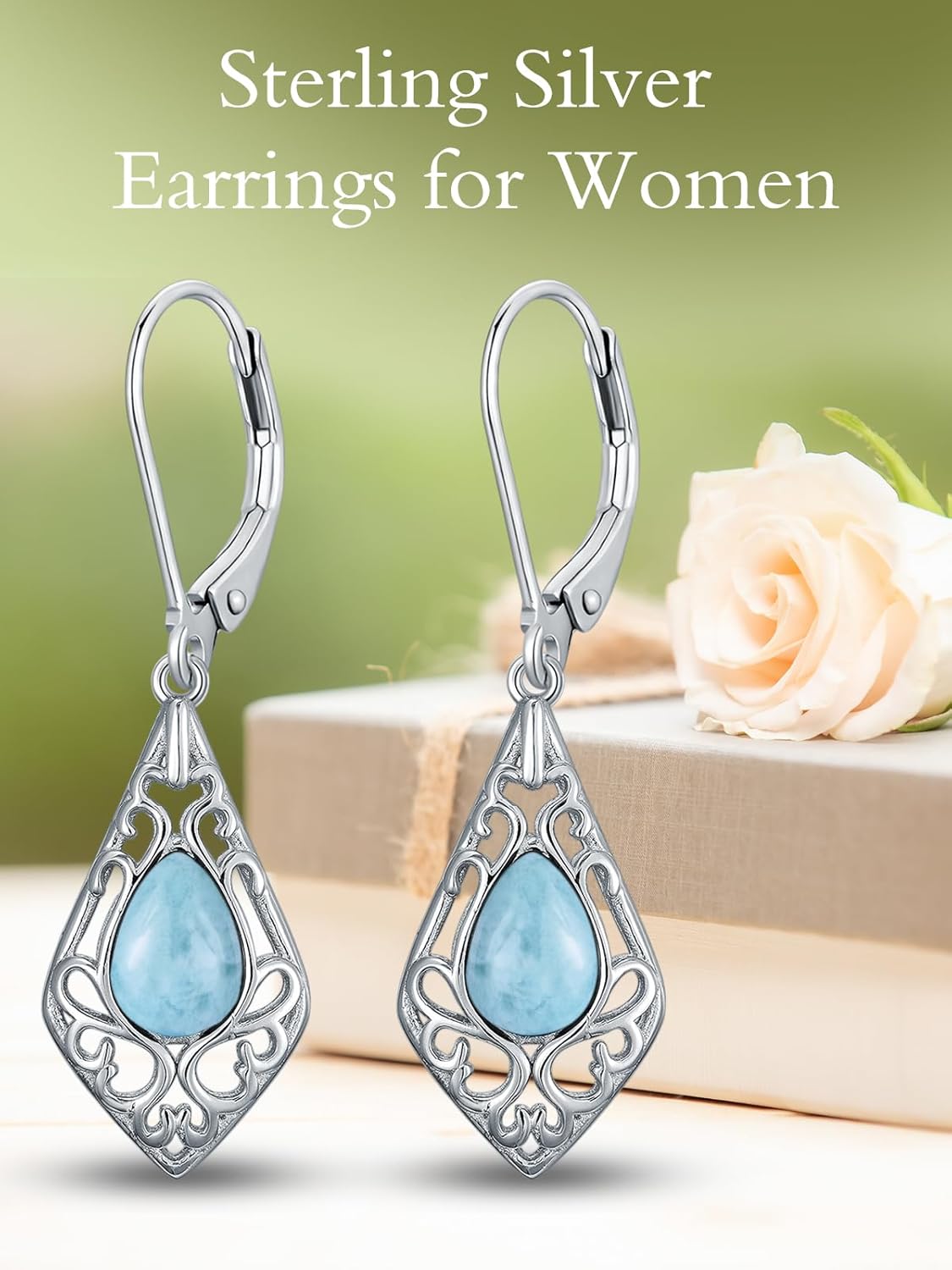 HPQQ Filigree Teardrop Earrings 925 Sterling Silver Gemstone Leverback Earrings Jewelry Gifts for Women
