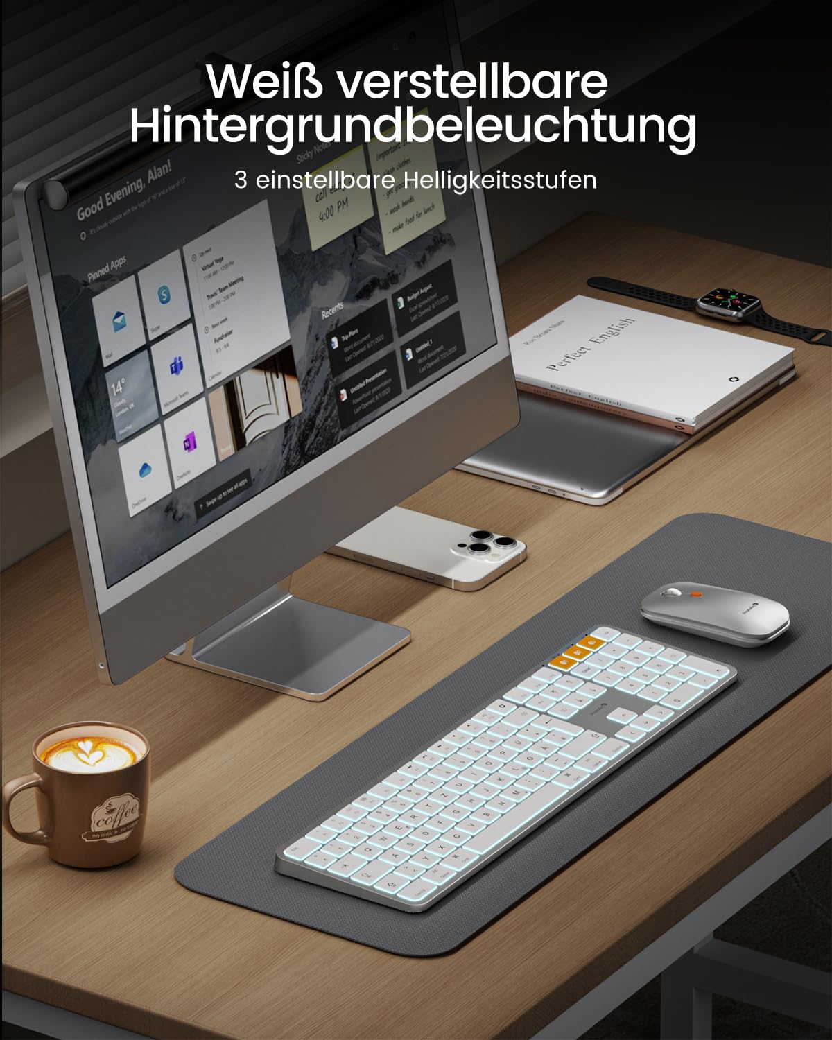 ProtoArc KM100-A Beleuchtet Tastatur Maus Set Kabellos für Mac, Bluetooth QWERTZ Funk Tastatur mit Maus, Wireless Flach Keyboard Multi-Gerät für MacBook Pro, MacBook Air, iPhone, iPad, Weiße