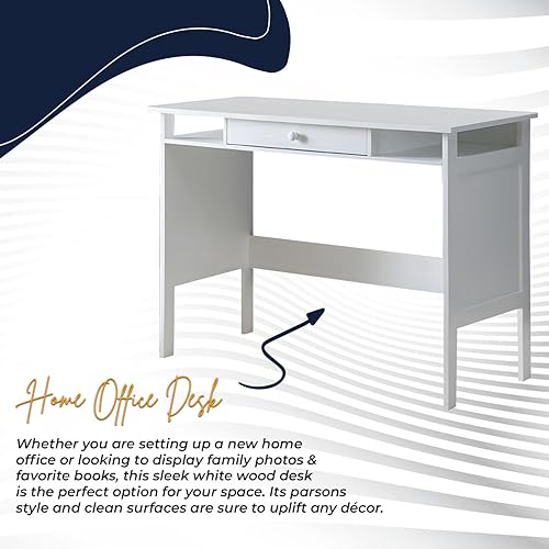 Miniatura 7 de Kings Brand Furniture Hogar y oficina Parsons Escritorio de madera con cajón, color blanco