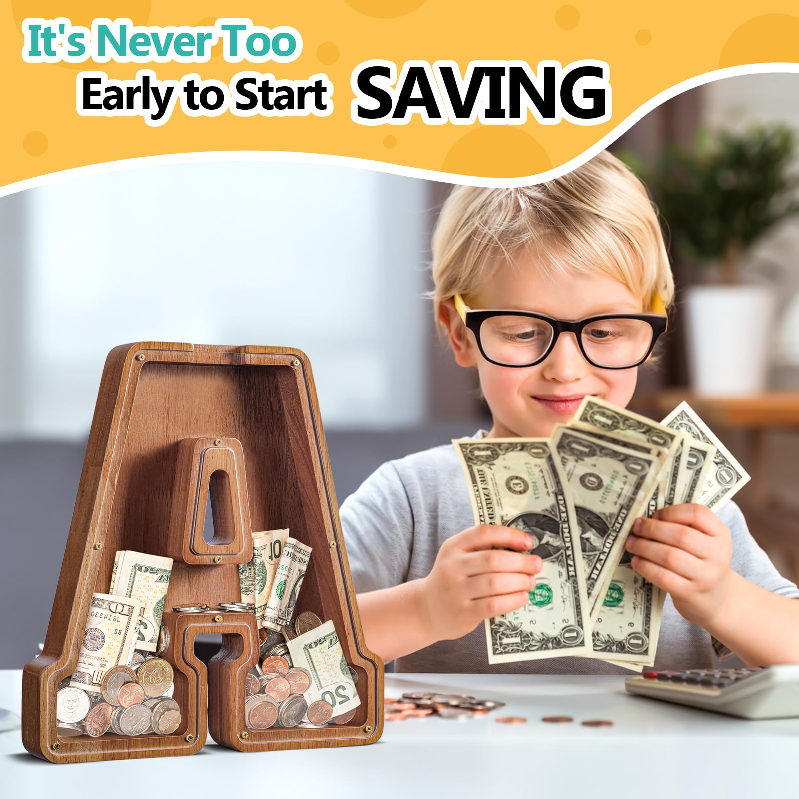 Summidate Salvadanaio con lettera in legno per bambini e bambine, Banca dei soldi personalizzata A-Z | Regalo di compleanno con banca di monete