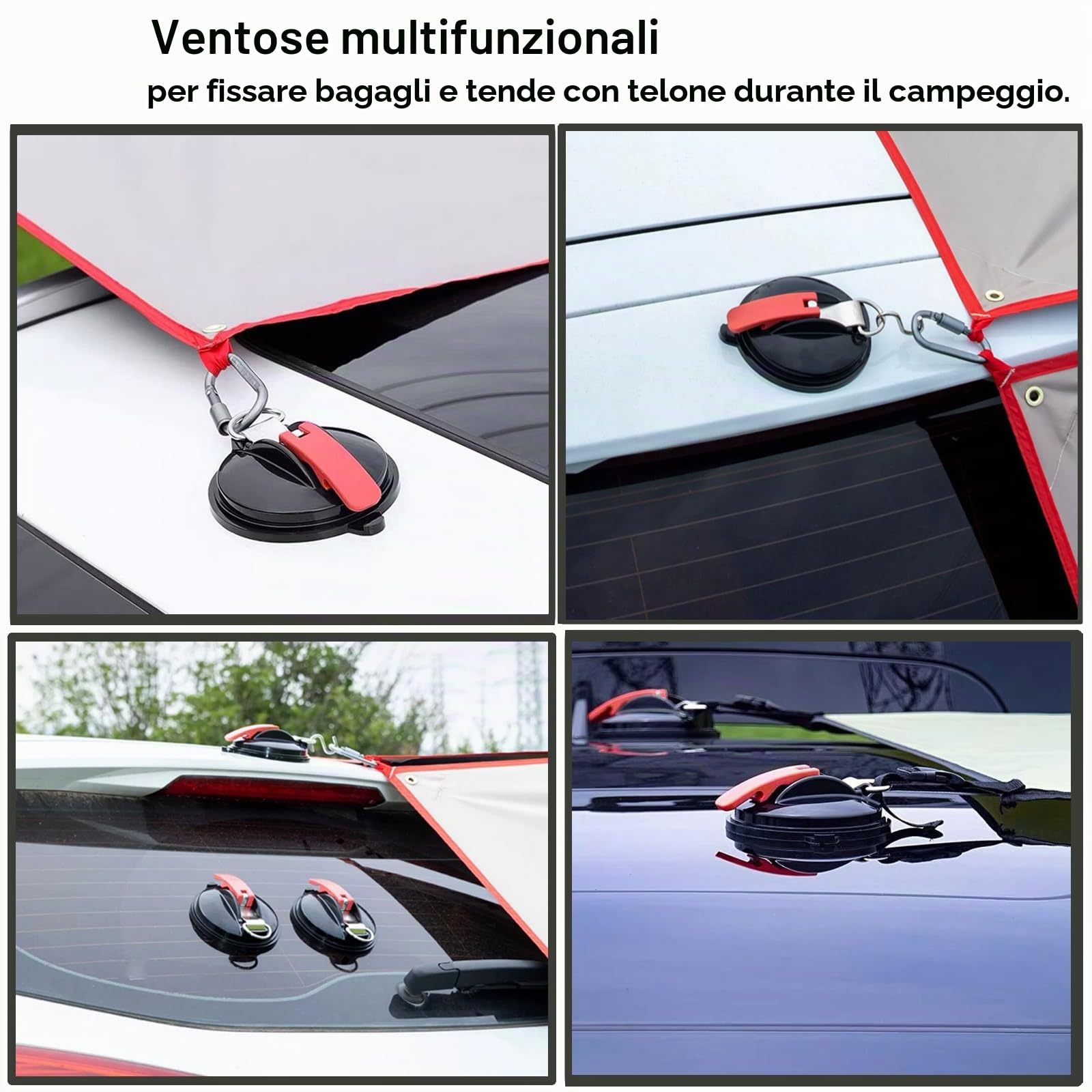 Ventosa - 4 Ventose per Auto con 8 Ganci Fissaggio a Ventosa per Auto Fissaggio a Ventosa con Anello per Portabagagli, Tende da Campeggio, Teloni, Tenditori per Auto