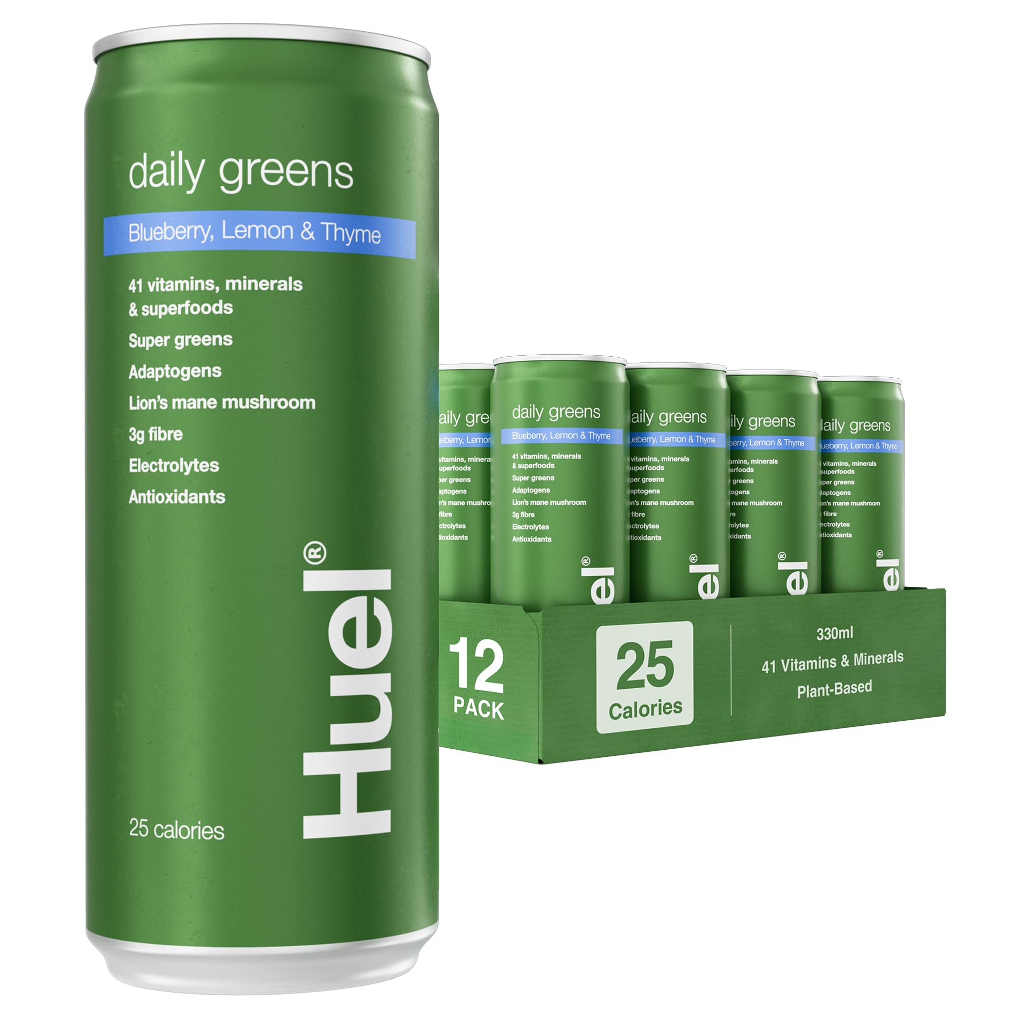 Huel Daily Greens Sparkling | 12x330ml Cans | Blueberry, Lemon & Thyme