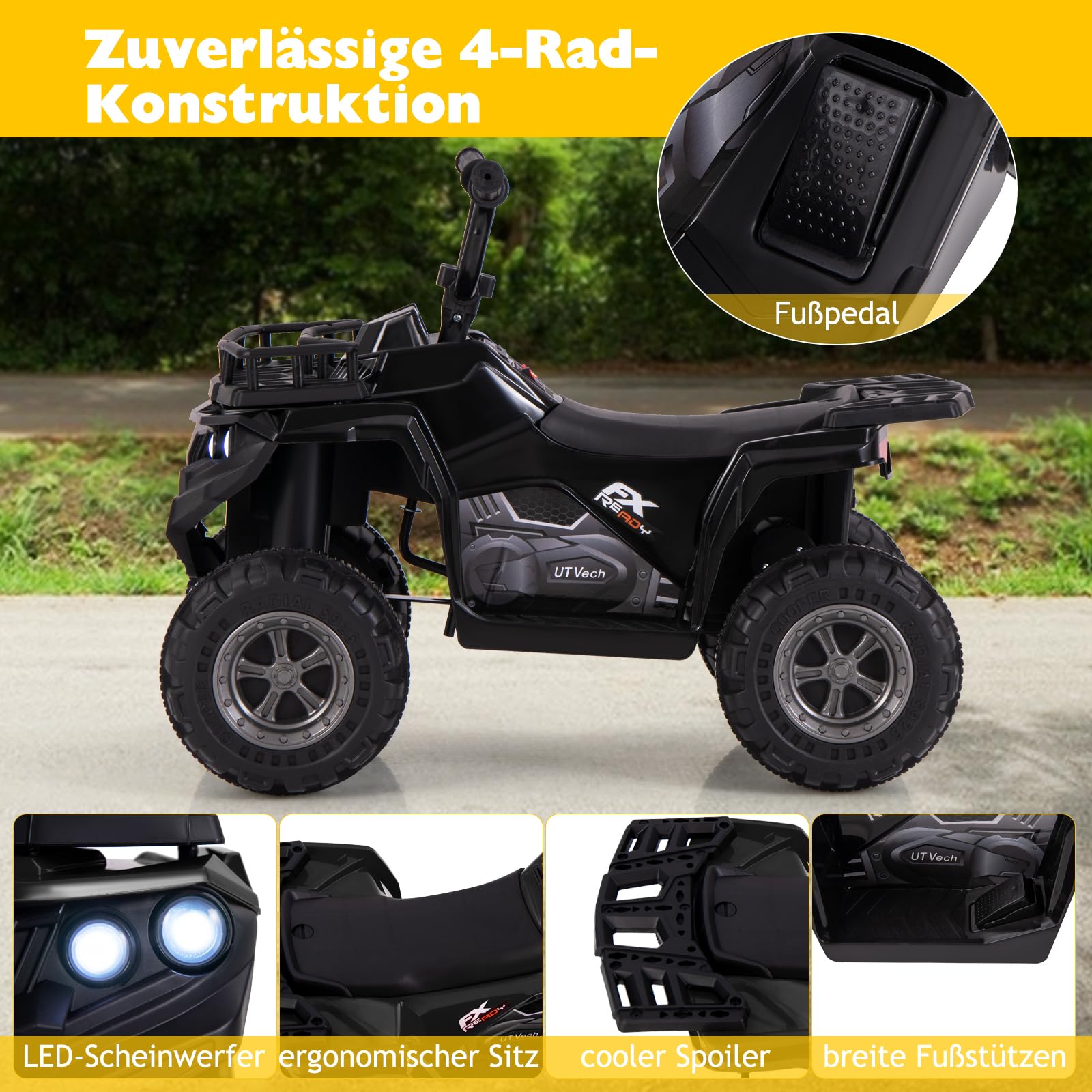 COSTWAY 6V Kinder Quad Elektro, Kinderquad mit Vorwärts-, Rückwärtsfunktion, Elektroquad mit LED-Scheinwerfern, Aufbewahrungskorb & Musik, Elektroauto ATV für Kinder ab 2 Jahren (Schwarz)