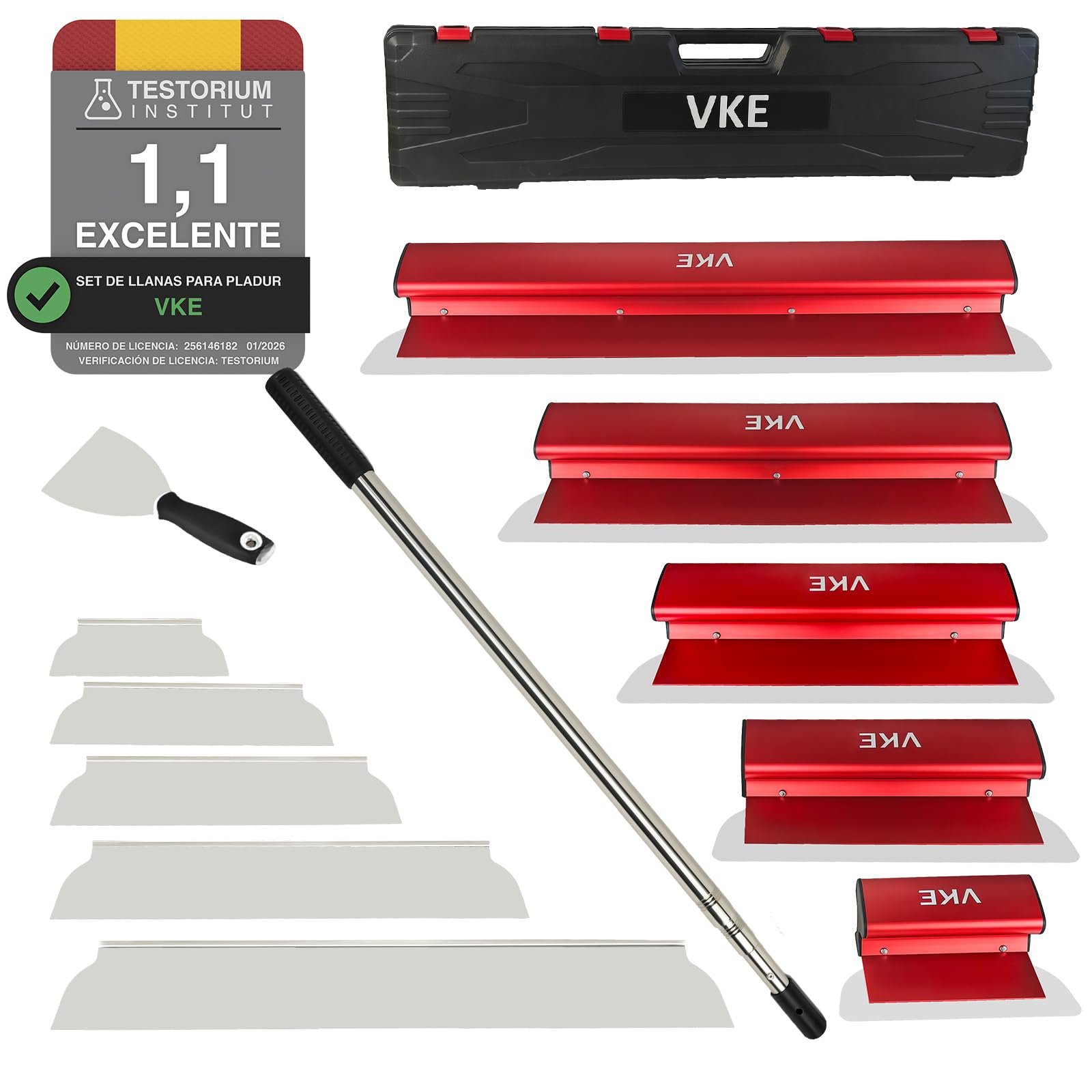 VKE Juego Llana para Alisar Paredes Profesional, Juego Espatulas Pladur de acero inoxidable (20 cm,30 cm,35 cm,45 cm,60 cm), Espatula Masilla Largo Mango Telescópico 1-2.1m con Hoja de Repuesto