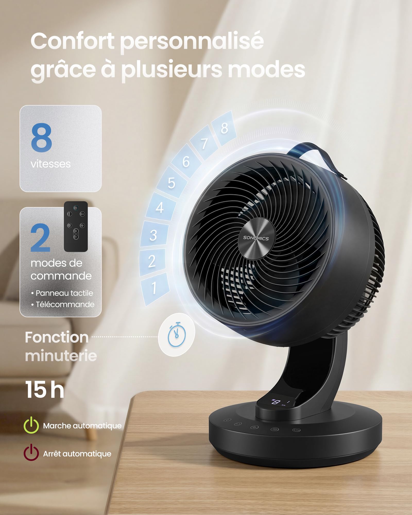 SONGMICS Ventilateur de Bureau Silencieux 20 dB, avec Télécommande, Circulateur d’Air Puissant, Oscillation 70°, 8 Vitesses, Minuterie 12 h, Noir d'Encre XFC001B1EU