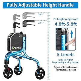 Planetwalk Premium 3 Wheel Rollator Walker for Seniors - Ultra Lightweight Foldable Walker for Elderly, Aluminum Three Wheel Mobility Aid, Brilliant Blue