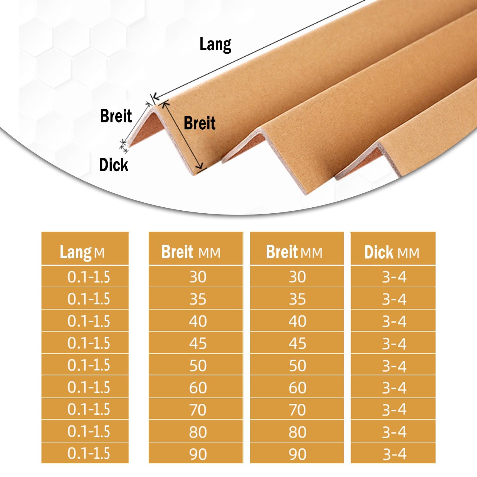Kantenschutz aus verstärktem Karton für Verpackung, Versand & Palettenschutz, lange Längen, 3-4 mm dick