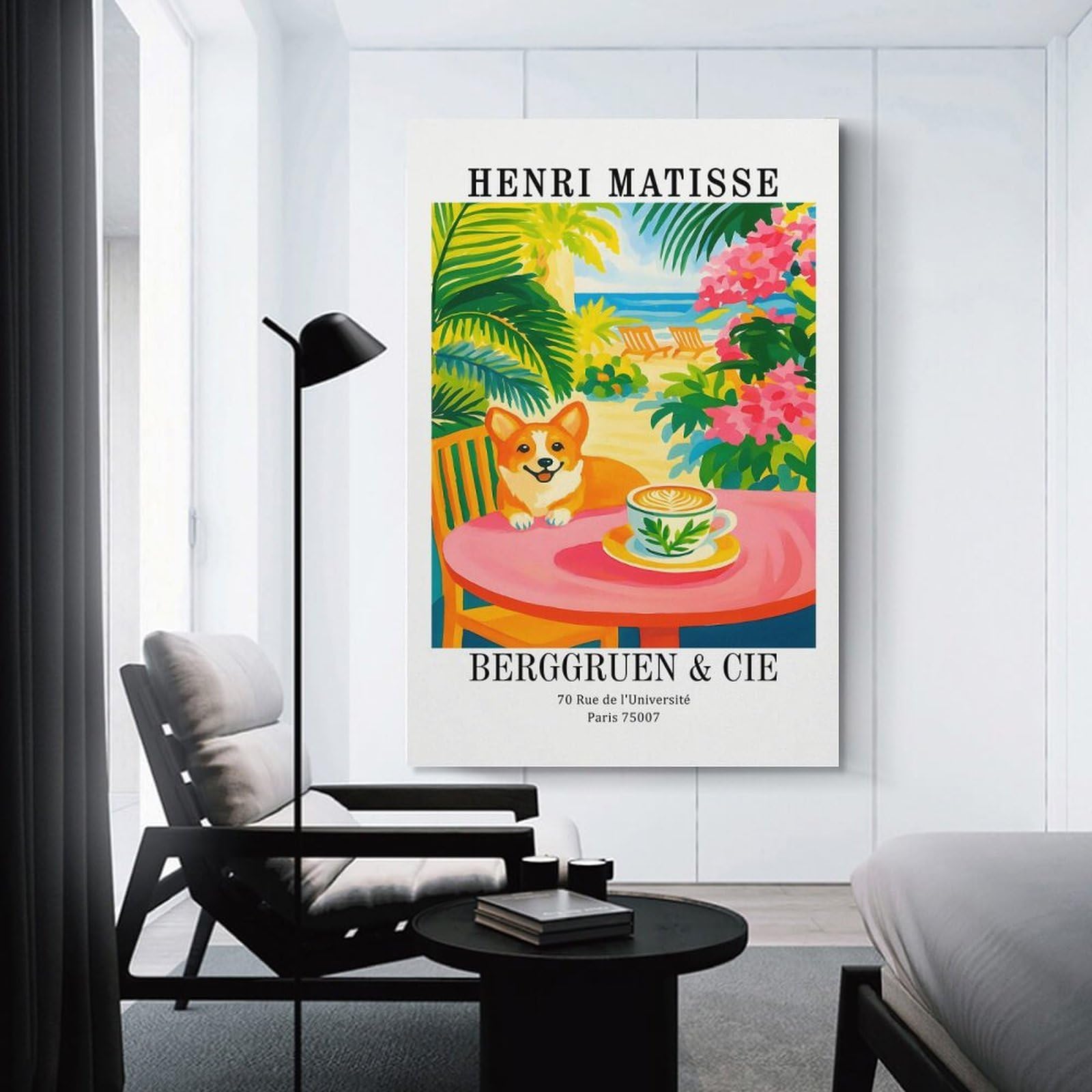 Junmoney Henri Matisse Corgi Beach Cafe Art Wall Picture Print, 20x30inch(50x75cm), for Art Walls, Layered Displays Or Homes, Home Wall Art for Statement Displays