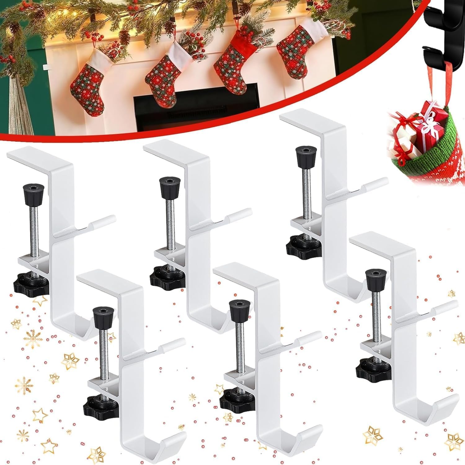 HOIDOKLY 2025 Mantle Holder for Stockings and Garlands - 2-in-1 Hangers, Adjustable for Christmas Decoration (White-6 Pieces)