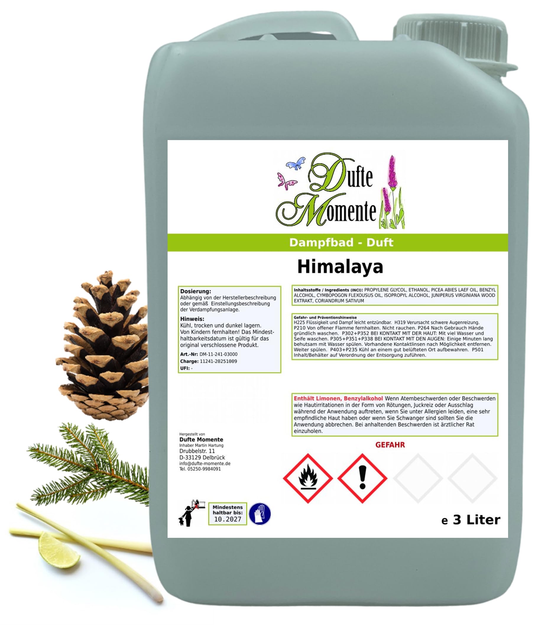 Dufte Momente Dampfbad Duftkonzentrat Himalaya 3 Liter – erdend-frischer Wellnessduft mit Edeltanne, Lemongras & Zedernholz – für Dampfbäder, Verdampferanlagen & Dampfduschen – vegan, Made in Germany