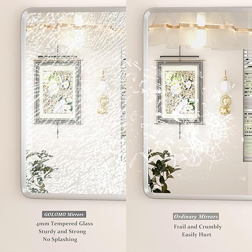 Miniatura 4 de Espejo de baño plateado de 30 x 36 pulgadas, marco de metal plateado cepillado, espejo rectangular redondeado para tocador de baño, inastillable,