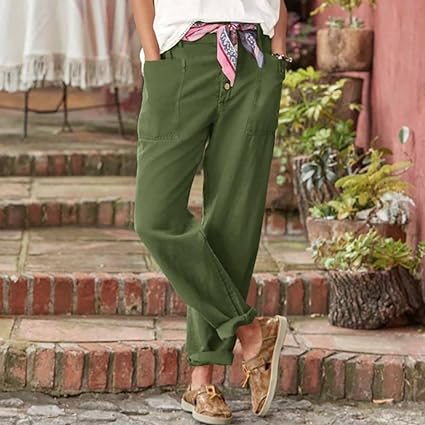 Amazhiyu Linnen damesbroek voor dames, zomerbroek, losse zomerbroek, licht, lang, brede pijpen, stoffen broek, vrijetijdsbroek met zakken, groen, S