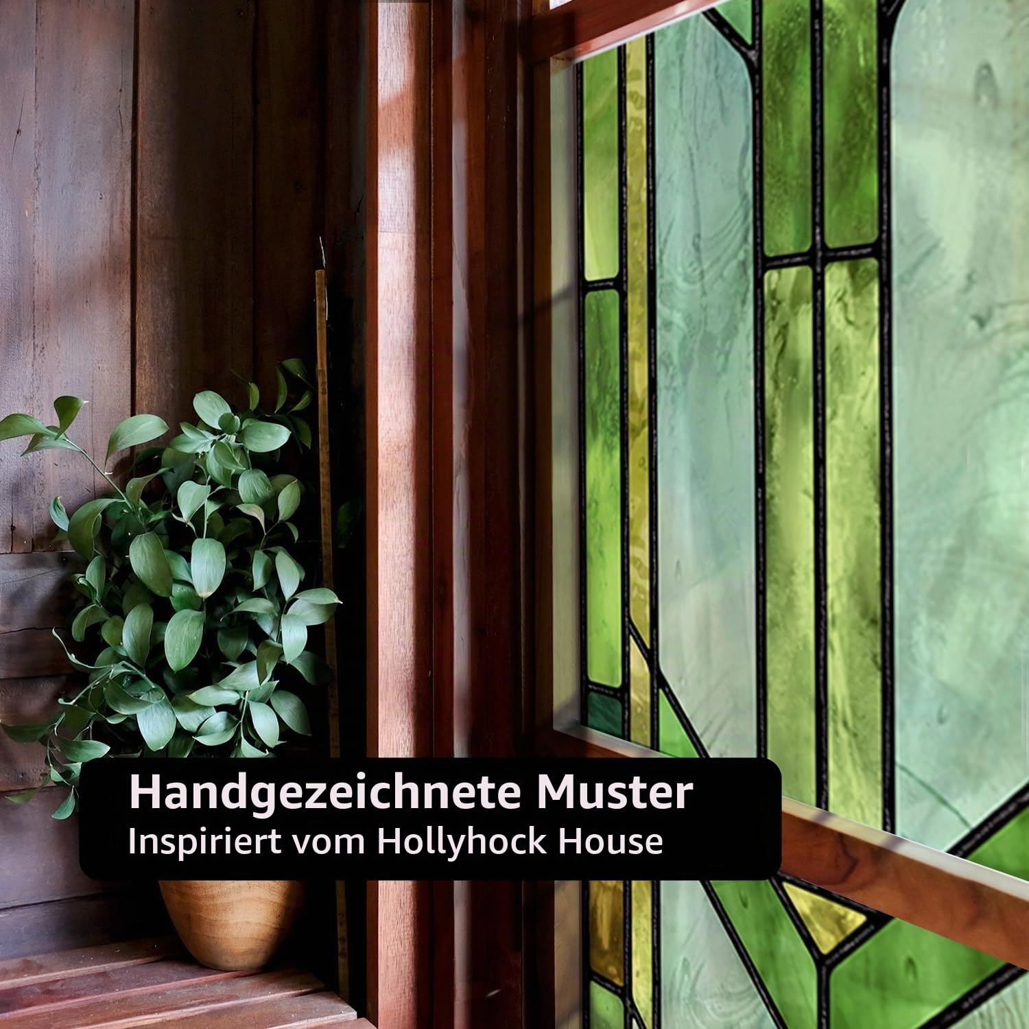 Original handgezeichnet Fensterfolie bunt Grün Geometrie 58X290CM | Imitation von Buntglas fensterfolie Beidseitig halbdurchsichtig,milchglasfolie geeignet für Wohnzimmer, Schlafzimmer, Küche