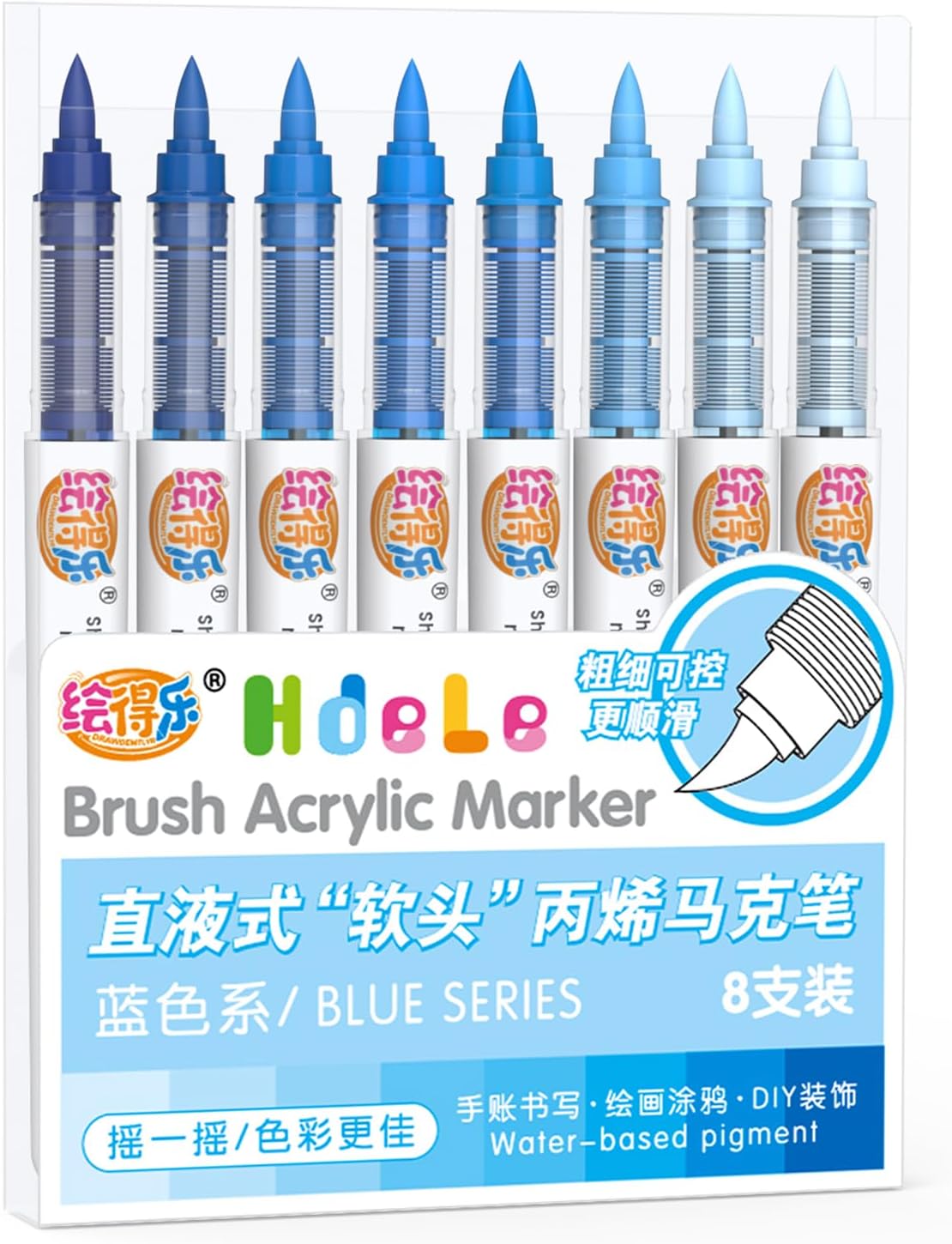 Guangna Blue Acrylic Paint Pens 8 Color, Acrylic Paint Markers Blue, Brush Tip Paint Markers for Rock Painting, Wood Glass Ceramic Canvas Stone DIY Crafts Making Art Supplies