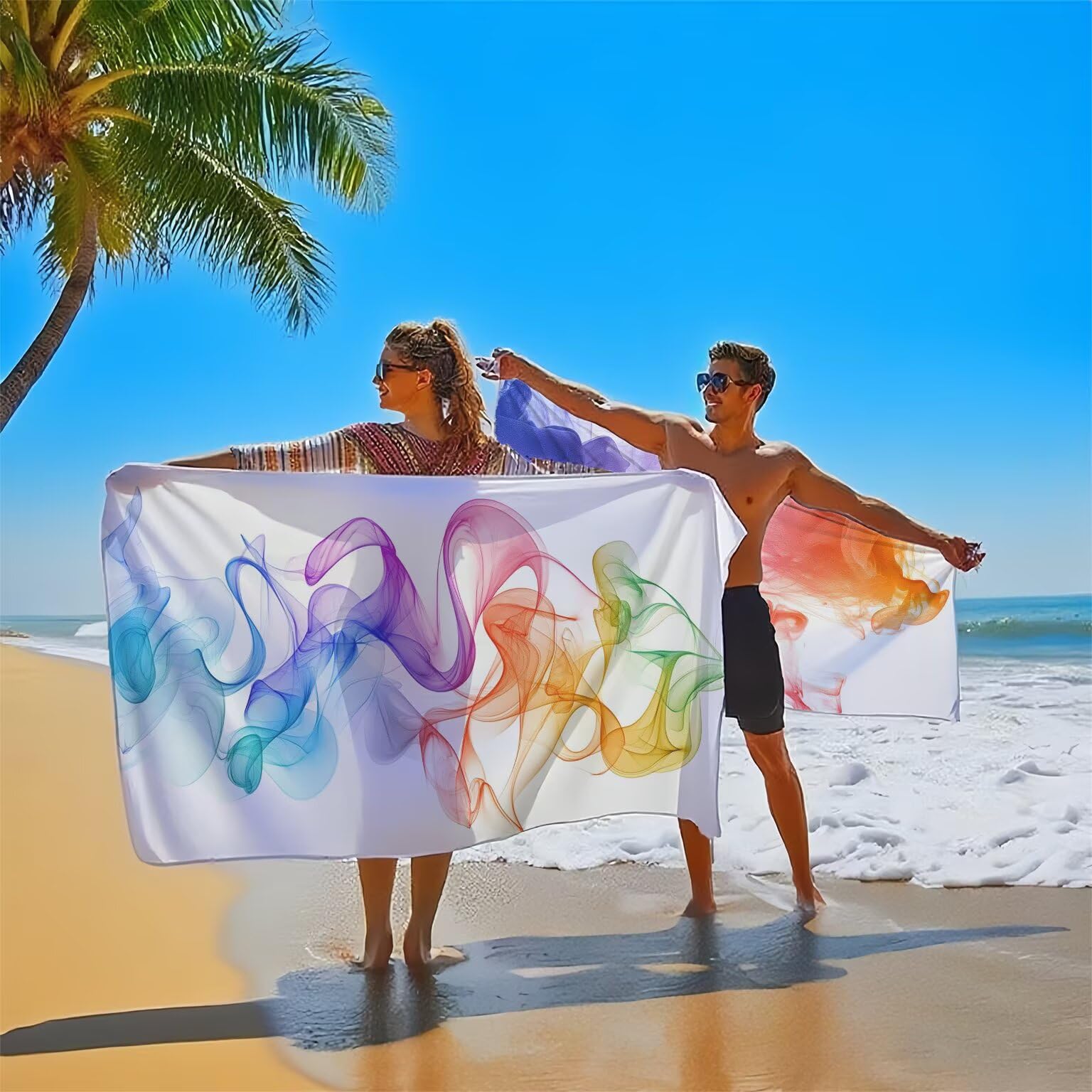 Serviette de Plage 90x180cm, Couleur Serviette Microfibre Lot de 2 Abstrait Motif Ultra Absorbantes Séchage Rapide Anti Sable Légère Drap de Plage Bouton Pression Design pour Piscine Sauna, Model602