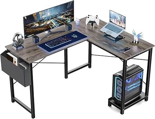Escritorio en forma de L, escritorio de esquina para computadora, mesa de escritorio para juegos de PC con bolsa de almacenamiento lateral,