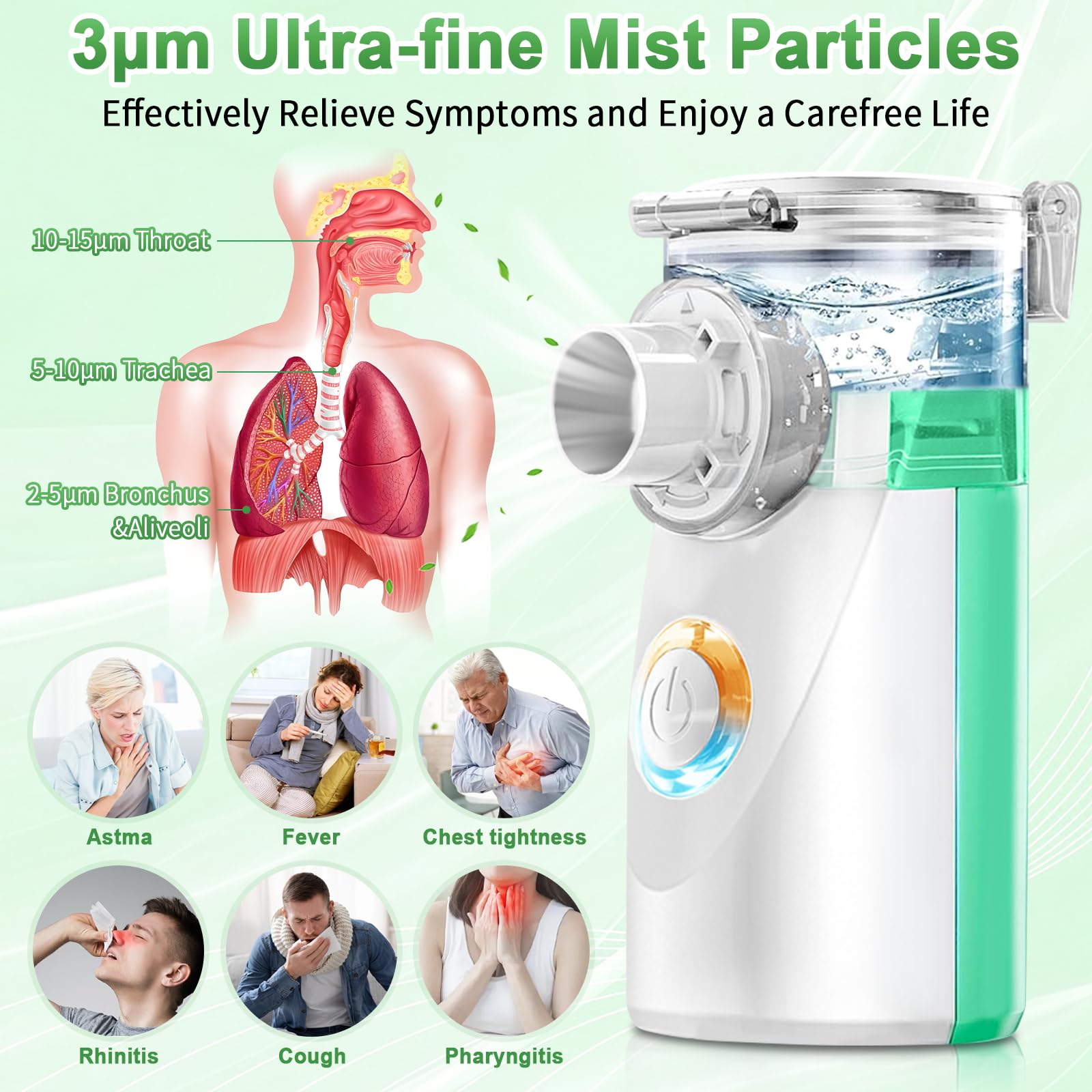 Aérosol pour Toute la Famille – Nébuliseur Ultrasonique pour Enfants, Adultes et Bébé, Inhalateur avec 2 Masques et Embout Buccal, Piles non incluses, Vert