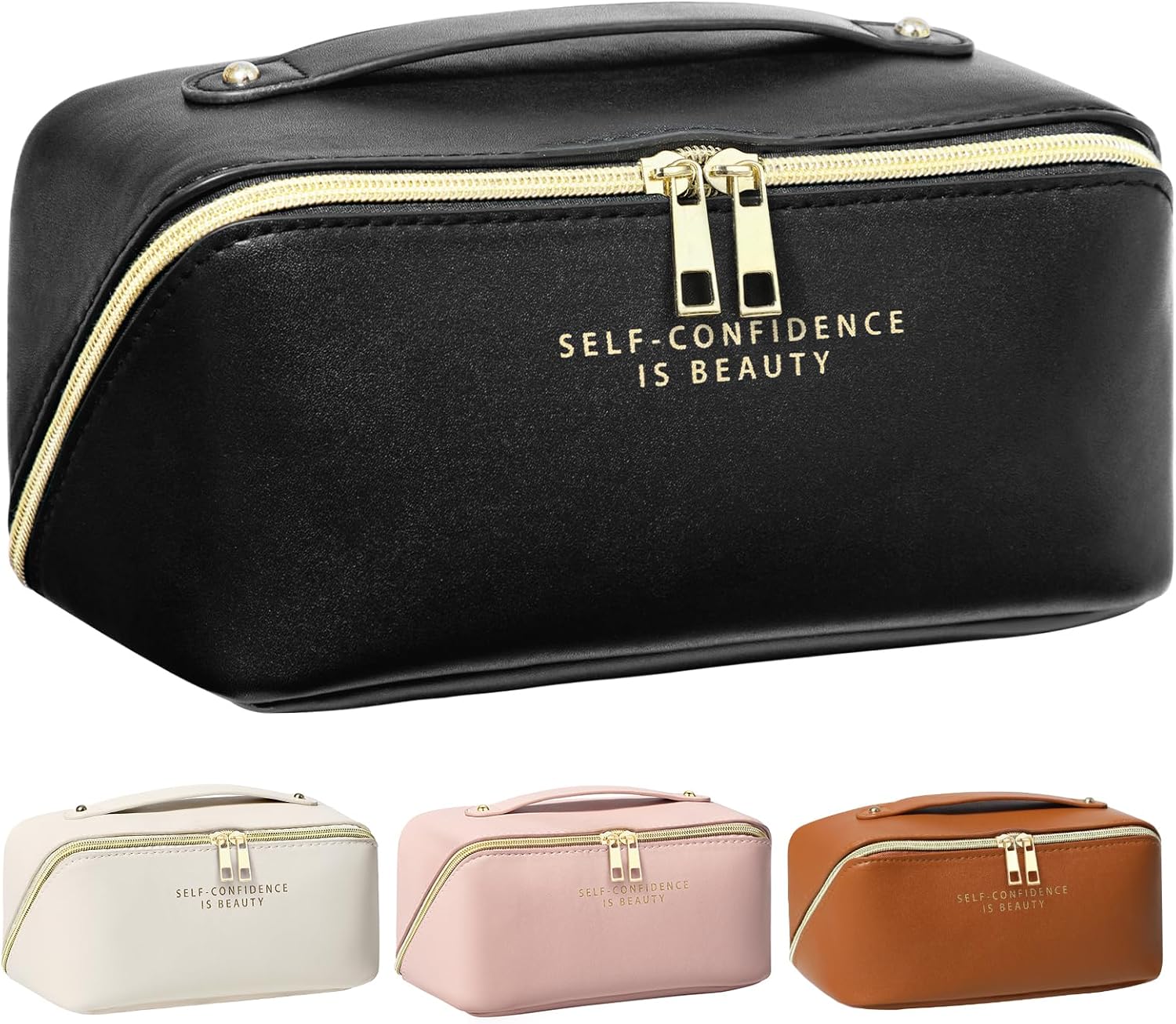 Makeup Bag – Make up Bag for Women, Travel Makeup Bag with Divider and Handle, Washable Waterproof Comestic Bag PU Leather, Open Flat Makeup Bag – Make up Bag for Women, Travel Makeup Bag with Divider and Handle, Washable Waterproof Comestic Bag PU Leather, Open Flat
