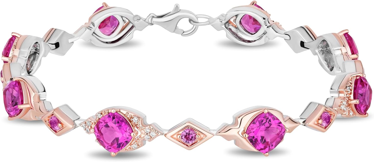 Jewelili Enchanted Disney Fine Jewelry Aurora Link Bracelet for Women | 14K Rose Gold over Sterling Silver | Pink Sapphire & 1/8 CTTW White Diamonds | Princess Inspired Jewelry Gifts for Her