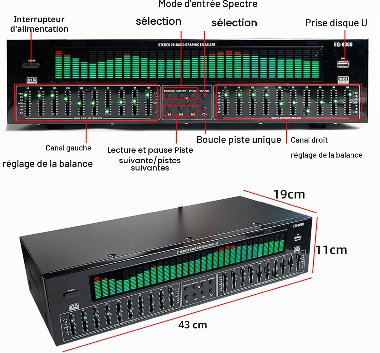 Égaliseur EQ Professionnel, Égaliseur Numérique 31 Bandes, Égaliseur Graphique Stéréo Audio Numérique, 12 Modèles de Rythme, Double Accordage Indépendant en 10 Segments, avec Réduction du Bruit
