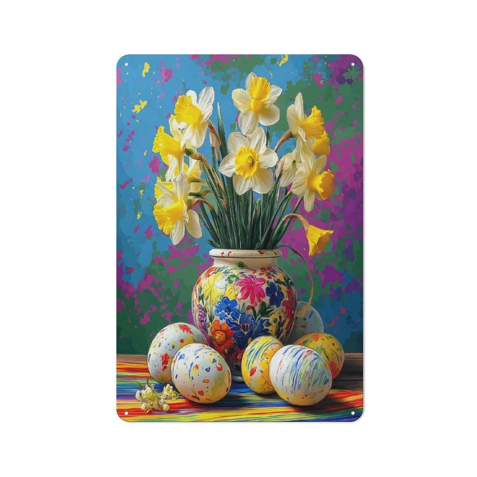 Junmoney Spring Daffodils And Painted Eggs Vintage Tin Wall Plaque 30X20cm For Studio Or Craft Room, For Garage, Workshop And Man Cave Decoration