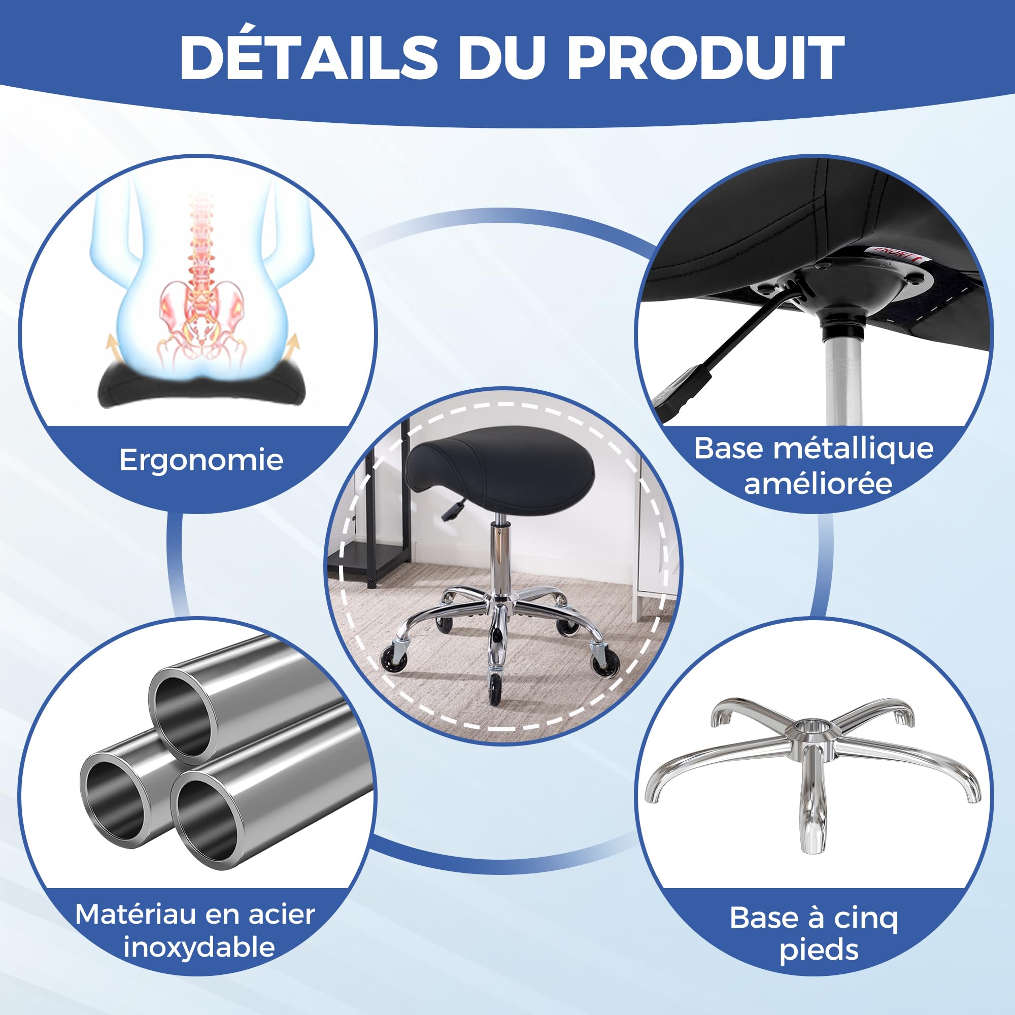 ANWBROAD Tabouret à roulettes pivotant à 360° roulettes Réglable en Hauteur Tabouret Selle de Cheval Ergonomique Cuir épais Assise Large pour Salons de Beauté, Salon, Massage, Clinique Noir WSS001B