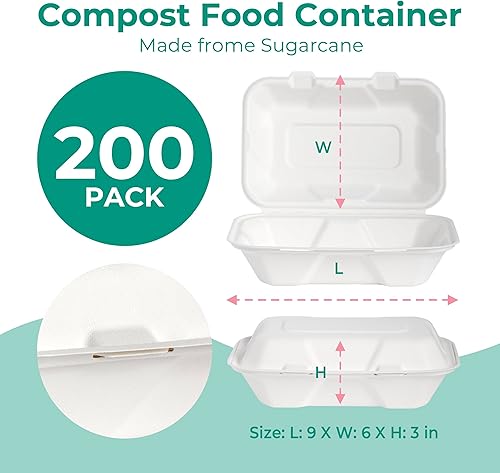 Miniatura 2 de 200 unidades 9.0 x 6.0 x 3.0in con 1 compartimiento  Caja para llevar compostable, 100% biodegradable Bagazo para ir Platos con tapa, ecológicos, no