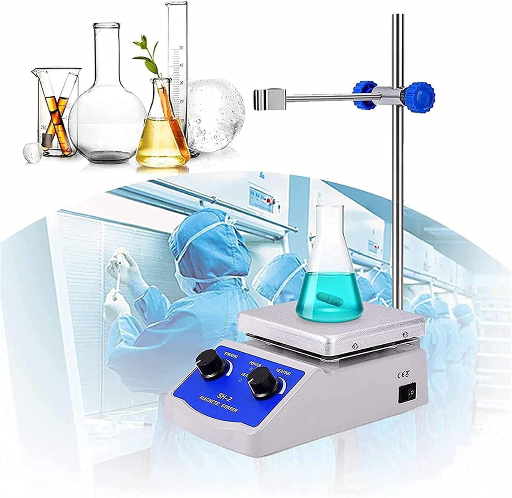 Potente Agitador Magnético De Laboratorio, Placa Calefactora con Agitador Magnético, Potencia De Calentamiento De 180 W, 0-1600 RPM, con Soporte para Laboratorio, Aula E