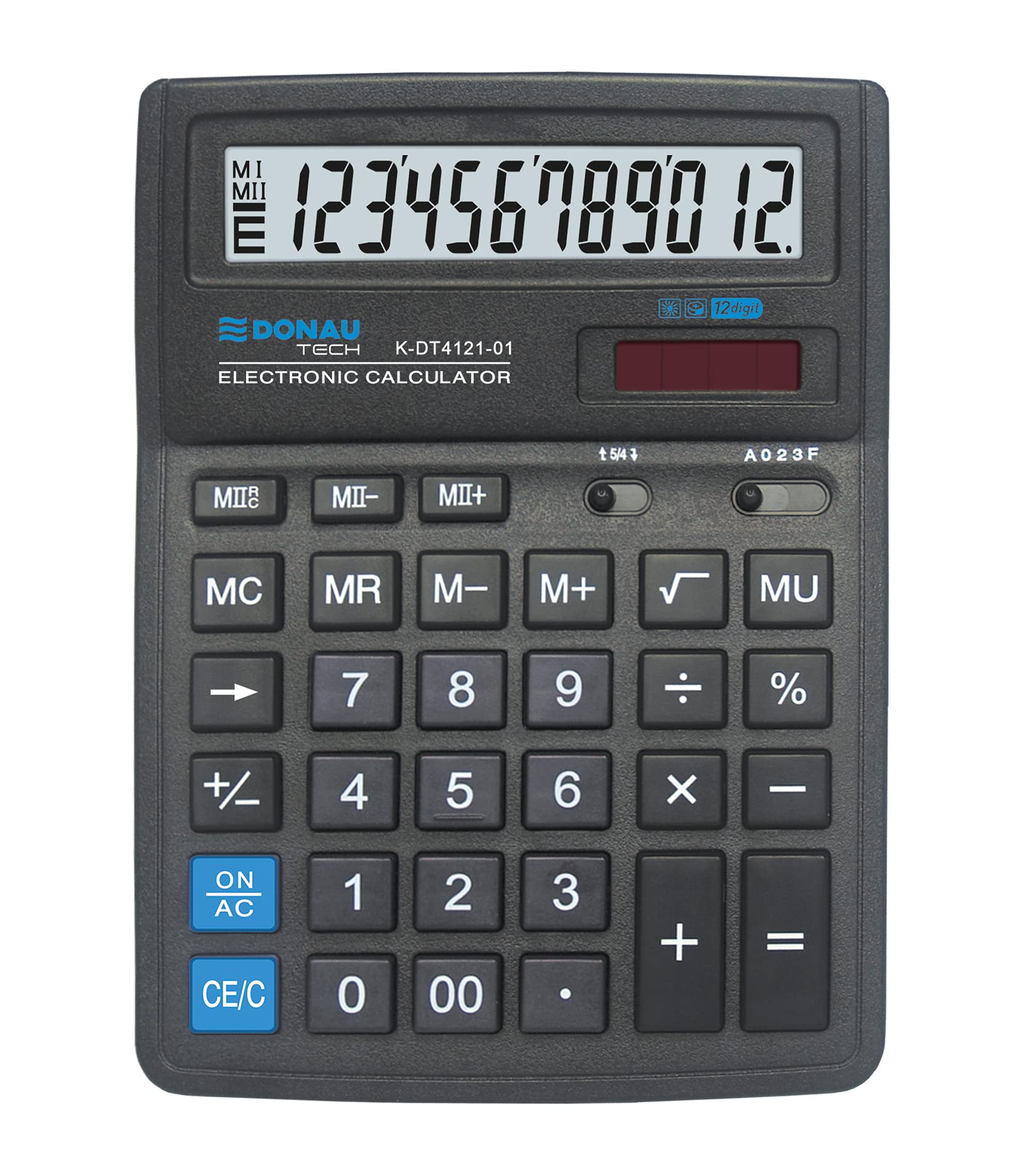 DONAU TECH/K-DT4121-01 Desktop Calculator 12-Digit Root Function 199 x 153 x 31 mm Colour: Black Calculator with 10-Digit Display Dual Power Solar Battery Operated Compact Design