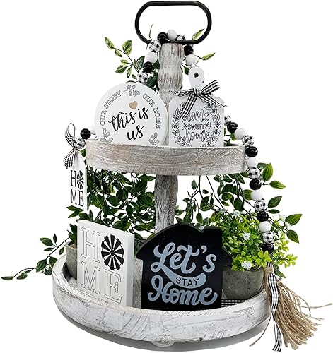 Miniatura 2 de Soporte de bandeja de 2 niveles para decoración del hogar, bandeja escalonada de madera para centro de mesa de cafetería, kit de bandejas