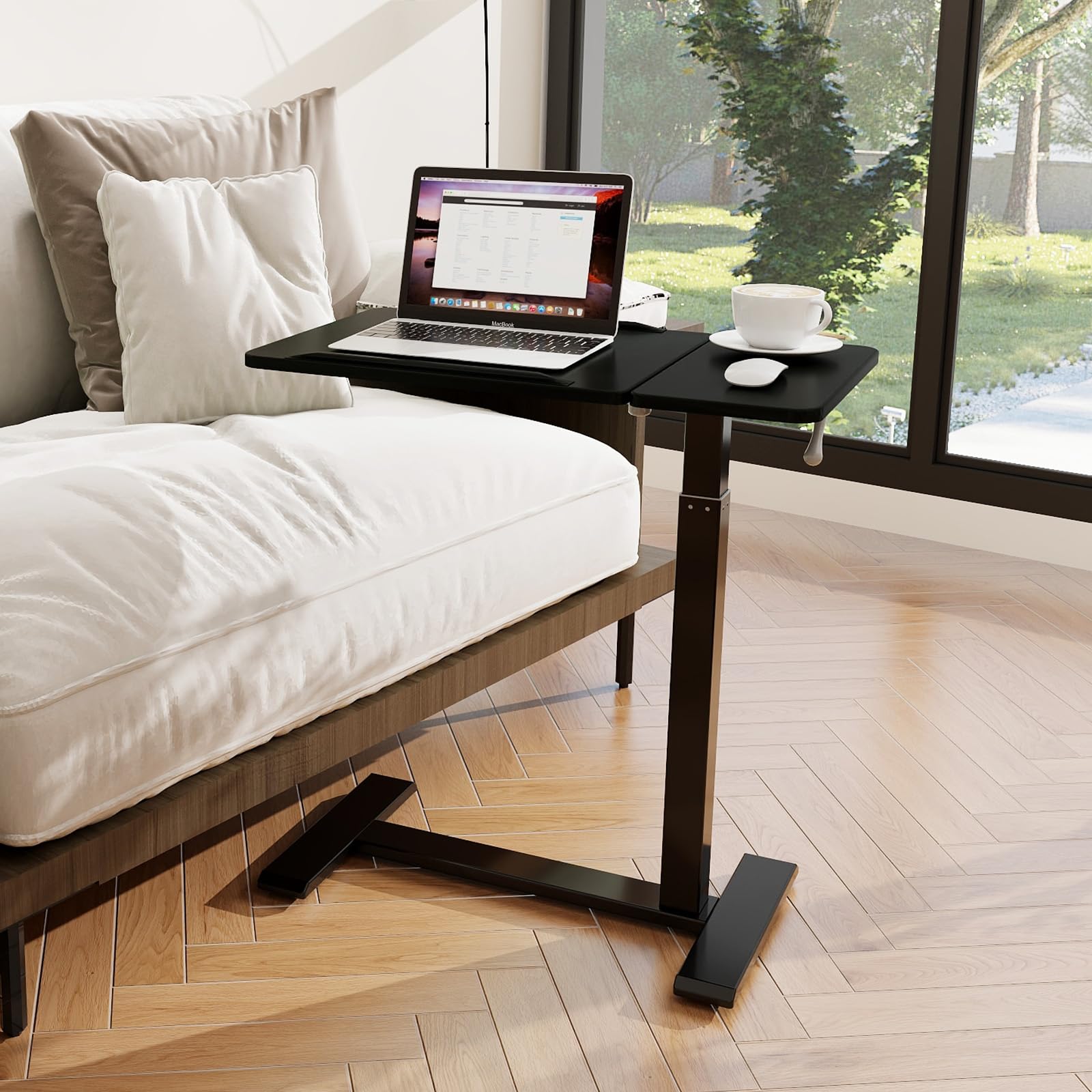PUNCIA Mesa Auxiliar con Ruedas para Portátil Ajustable 70-102cm Negro | Escritorio Elevable de Pie para Sofá Cama Tablero Inclinable Mesa Lateral Regulable en Forma de C Estación de Trabajo Móvil
