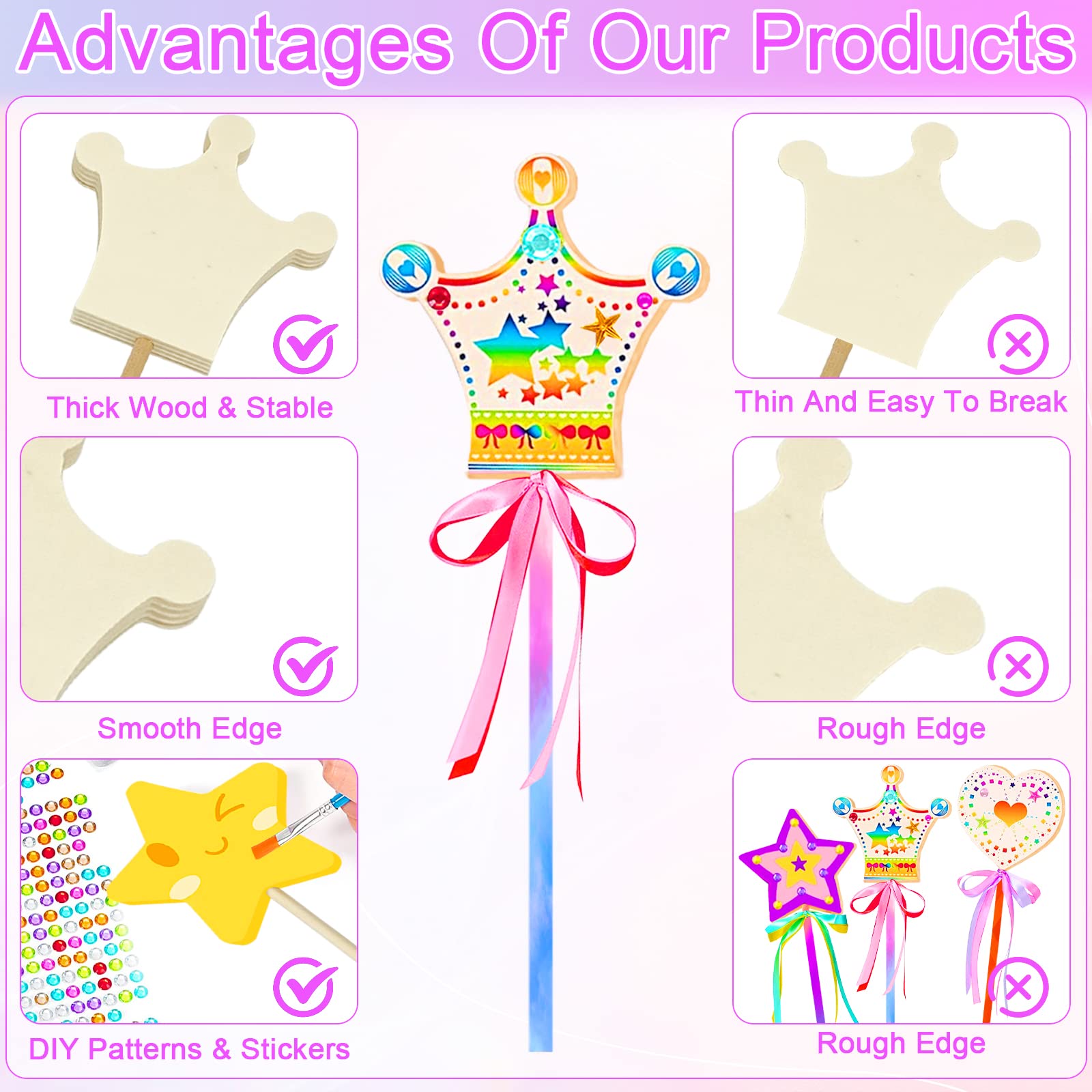 AUGSUN Kit Creativo Bacchette Magiche Fai Da Te Per Principesse: 43 Pezzi Tra Bacchette Di Legno, Nastri E Adesivi Con Gemme, Ideale Per Festa Di Compleanno E Attività Manuali - 2