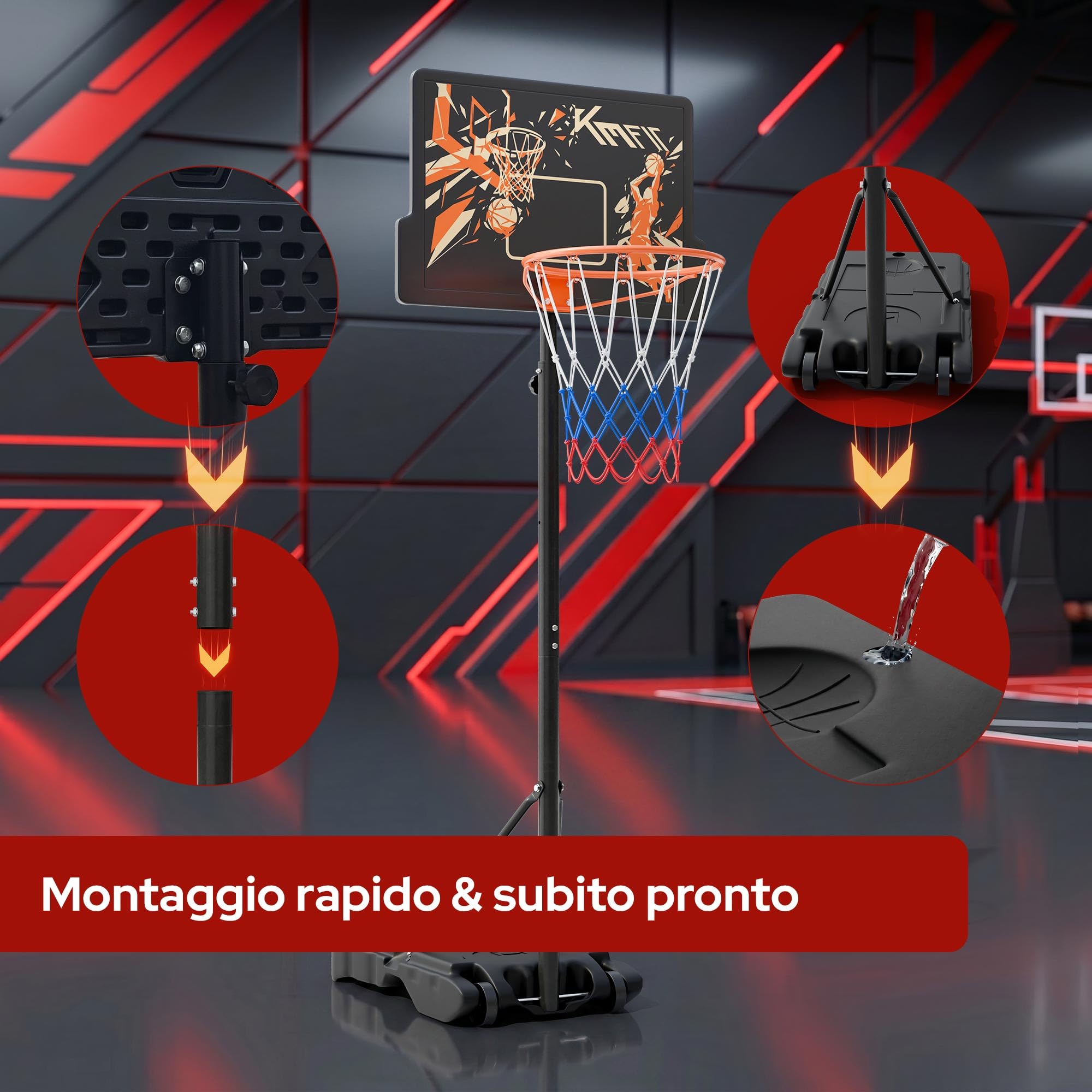 KM-Fit Canestro Basket Regolabile 110–210 cm | Supporto Basket Portatile con Ruote & Porta Palla | Canestro da Esterno per Bambini e Principianti | incl. 2 reti