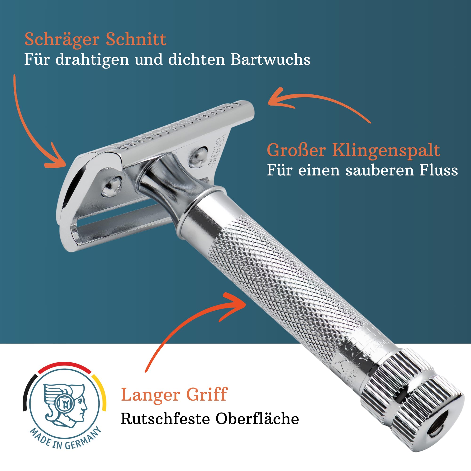 MERKUR 37C Maquinilla de afeitar de seguridad de corte inclinado – Acabado cromado brillante, peine cerrado, afeitado clásico – Made in Germany