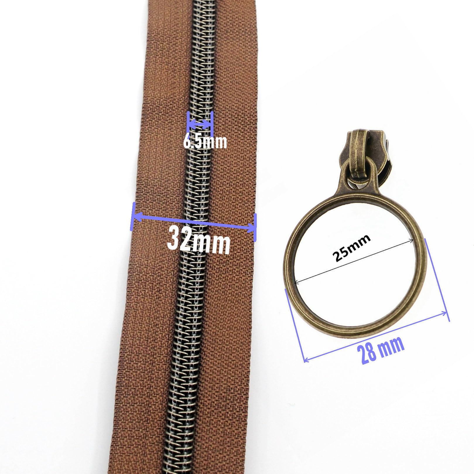 Leekayer #5 Antique Brass Metallic Nylon Coil Zippers by The Yard Bulk 10 Yards (Brown Tape with 25pcs Brass Sliders for DIY Sewing Tailor Craft Bag(Brown) - Image 2