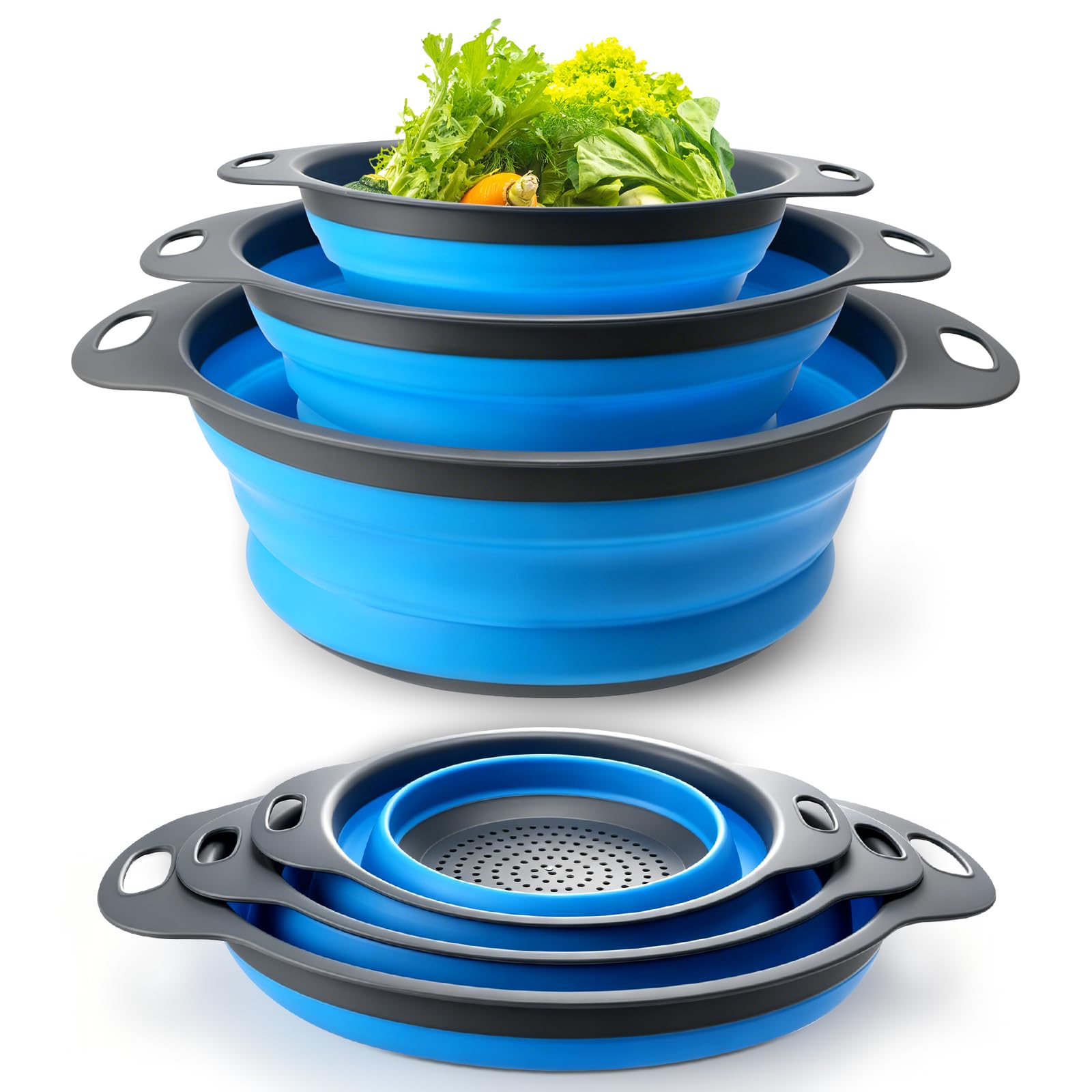 Faltbares Sieb Silikon Set, Siebkorb 3 Größen 1.6/2.6/4 Liter Küchensieb | Schnelles Abtropfen Abtropfschüssel, 3 in 1 Waschen, Abtropfen & Aufbewahren, für Haushalt, Küche, Camping, Caravan, Picknick