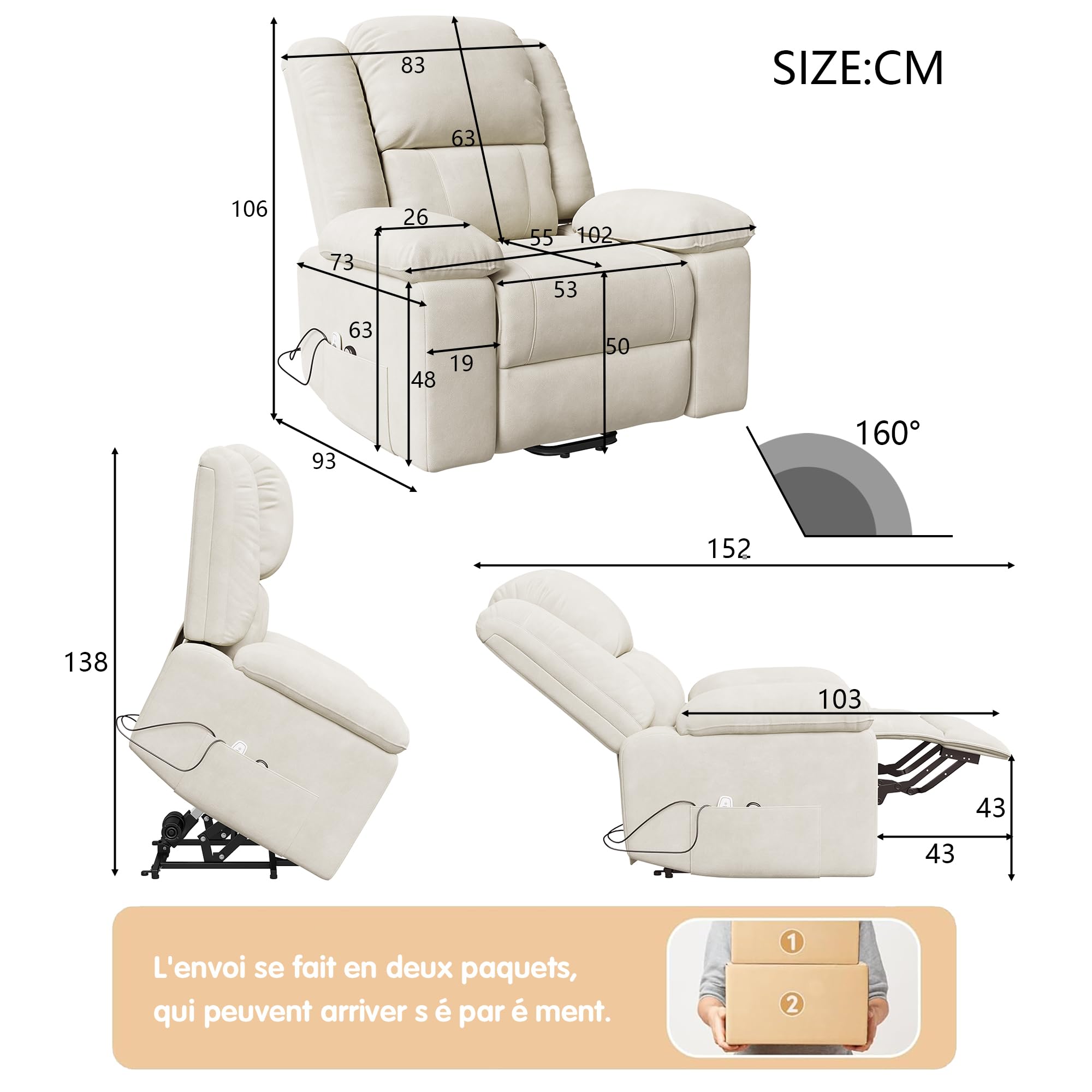 Fauteuil Releveur Électrique,Fauteuil Massant Relax avec Fonction Massage et Chaleur,Aide à la Verticalisation, Massage, Chauffage, Repose-Pieds, Poches, Port USB, Tissu Éponge (Beige)