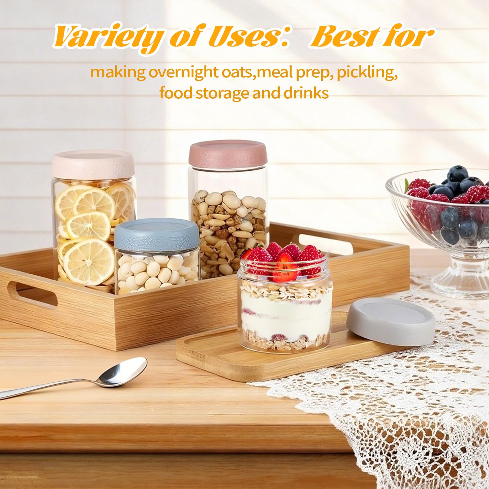 Zocipro Zestaw 4 słoików Overnight Oats Jar 600 ml i 350 ml, słoiki ze szkła borokrzemianowego, słoiki na jogurt i owsiankę z uszczelnianymi zakrętkami, hermetyczny szklany słoik do przygotowywania