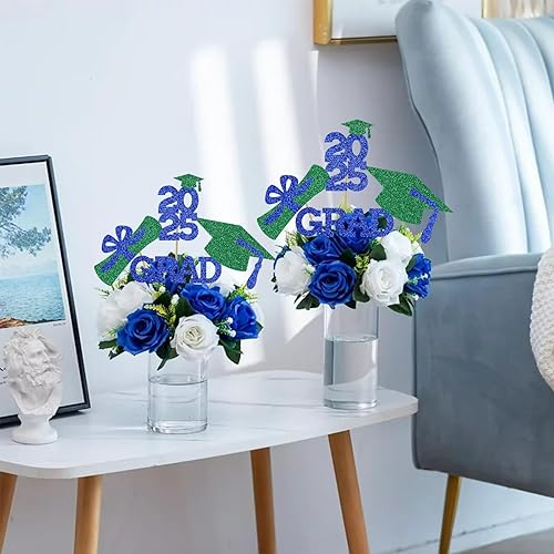 Miniatura 4 de Centro de mesa de graduación Decoración de mesa de fiesta, palillos con purpurina, tapa de graduación para cabina de fotos, favorece azul y verde