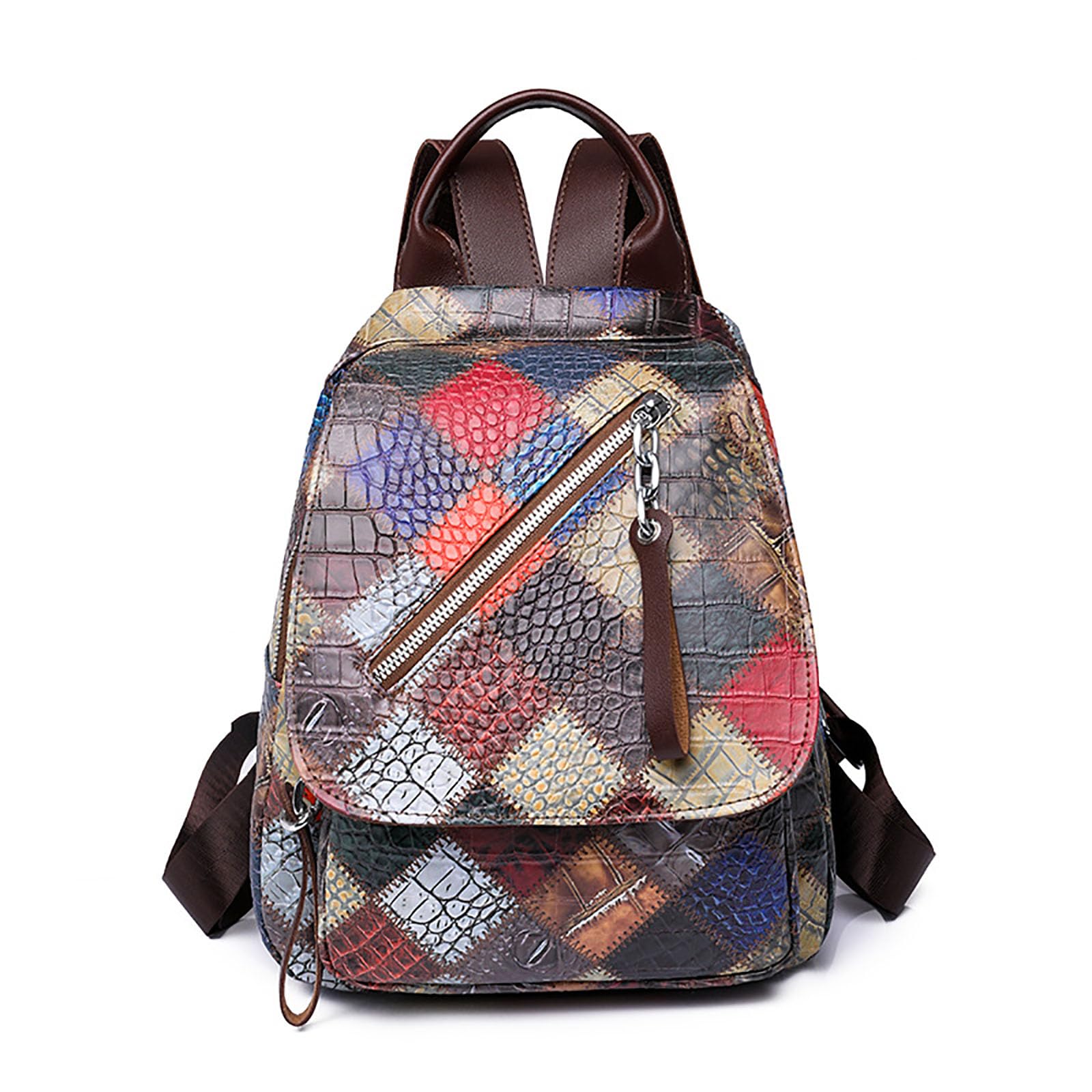 Craoopii Fashion Women's Leather Backpack, Multi Color Patterned Diamond Checkered Bag, PU Leather Smooth Zipper Closure Double Shoulder Bag for Office,Travelling,Shopping
