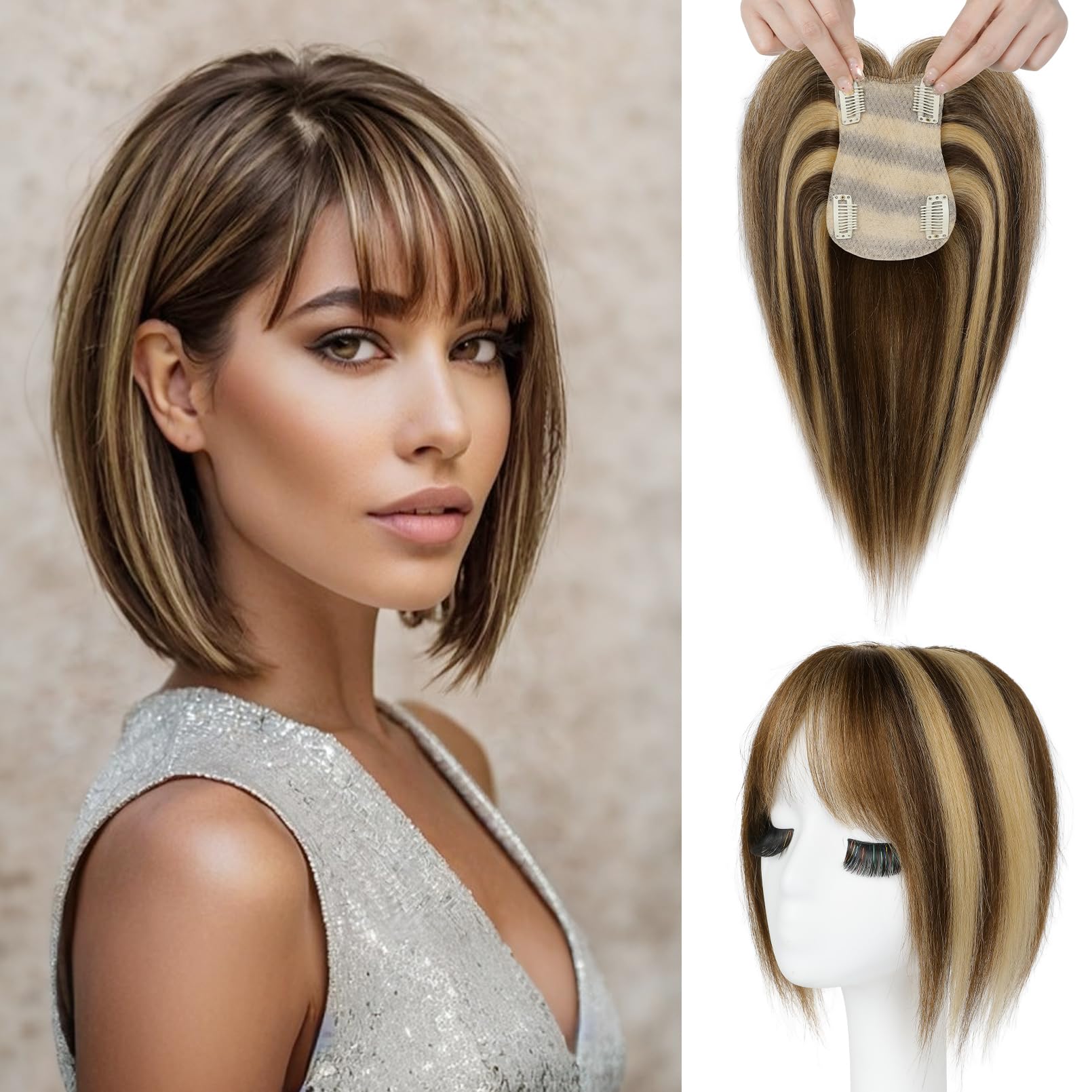 REECHO Human Hair Topper with Bangs for Women Real Human Hair Natural Hairpiece for Daily Wear, Medium Brown with Highlights