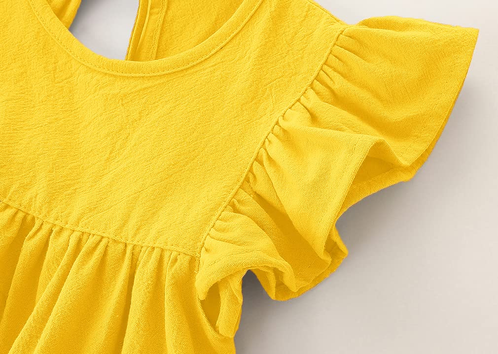 Vestido de algodón y lino con mangas con volantes, estilo casual, para verano, bohemio, para niñas