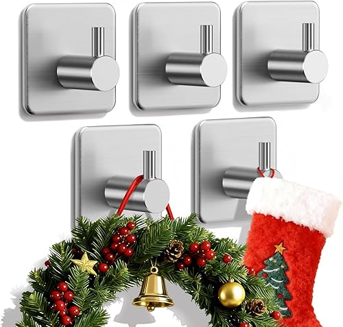 Ganchos adhesivos resistentes de 30 libras (máx.), paquete de 5 ganchos de acero inoxidable sin daños para colgar abrigos, sombreros, toallas,