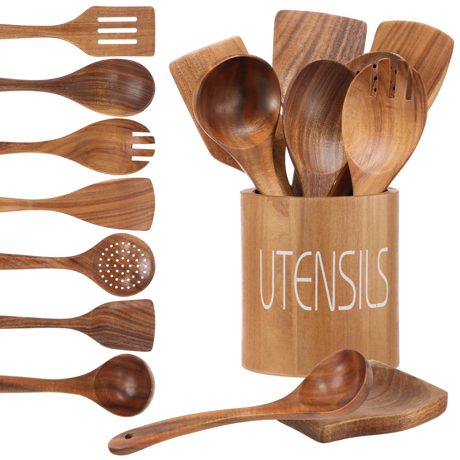 9er Set Kochlöffel Holz Set aus Teakholz mit Halter Pfannenwender Holz und Schöpflöffel Küchenutensilien für Antihaftpfannen Hitzebeständig Robustes Kochbesteck Unikat Naturholz Braun