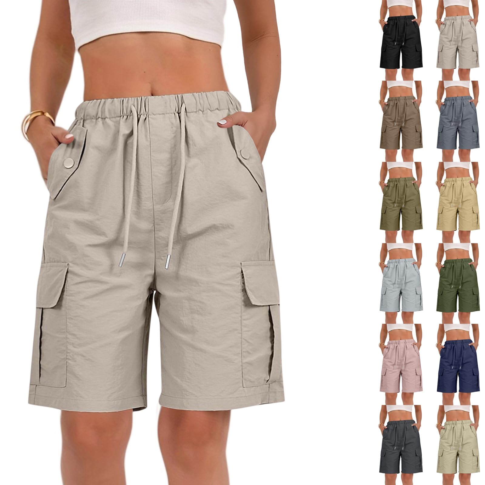 Womens Hiking Shorts Quick Dry Knee Length Cargo Shorts Summer Outdoor Casual Elastic Waist Drawstring Bermuda Short with Pockets Water Resistant Athletic Golf Beach Short for Camping Travel Pants