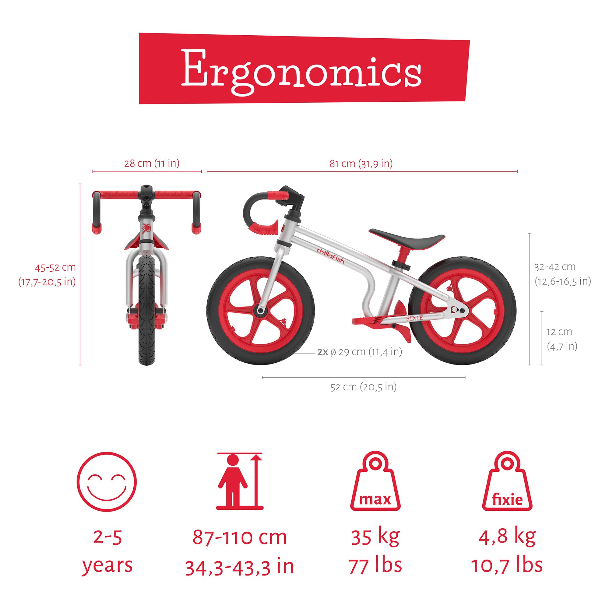 Chillafish CPFX01RED Fixie, rower biegowy z hamulcem, czerwony, od 2 do 5 lat